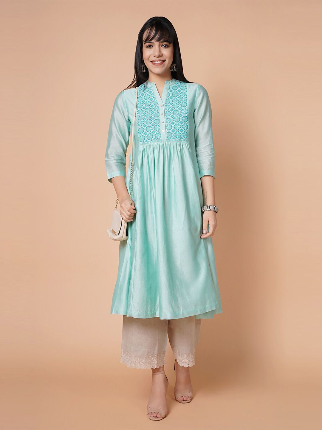 BARARA ETHNIC Women Turquoise Blue Yoke Design Chanderi Silk Kurta Price in India