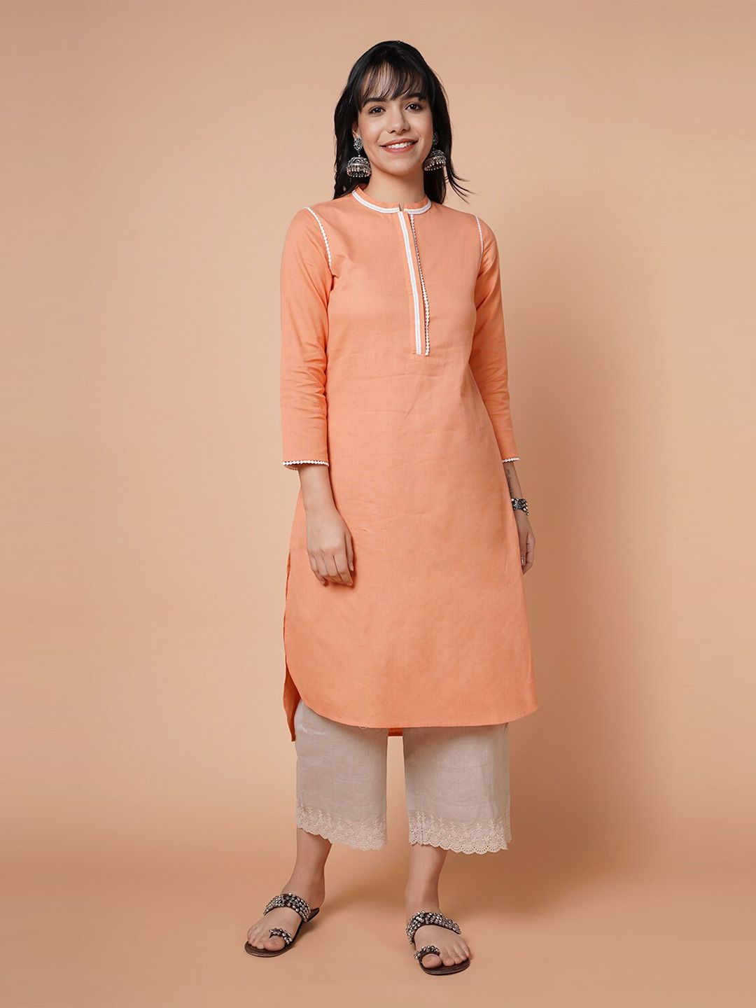 BARARA ETHNIC Women Orange Pure Cotton High Low Hemline Kurta Price in India