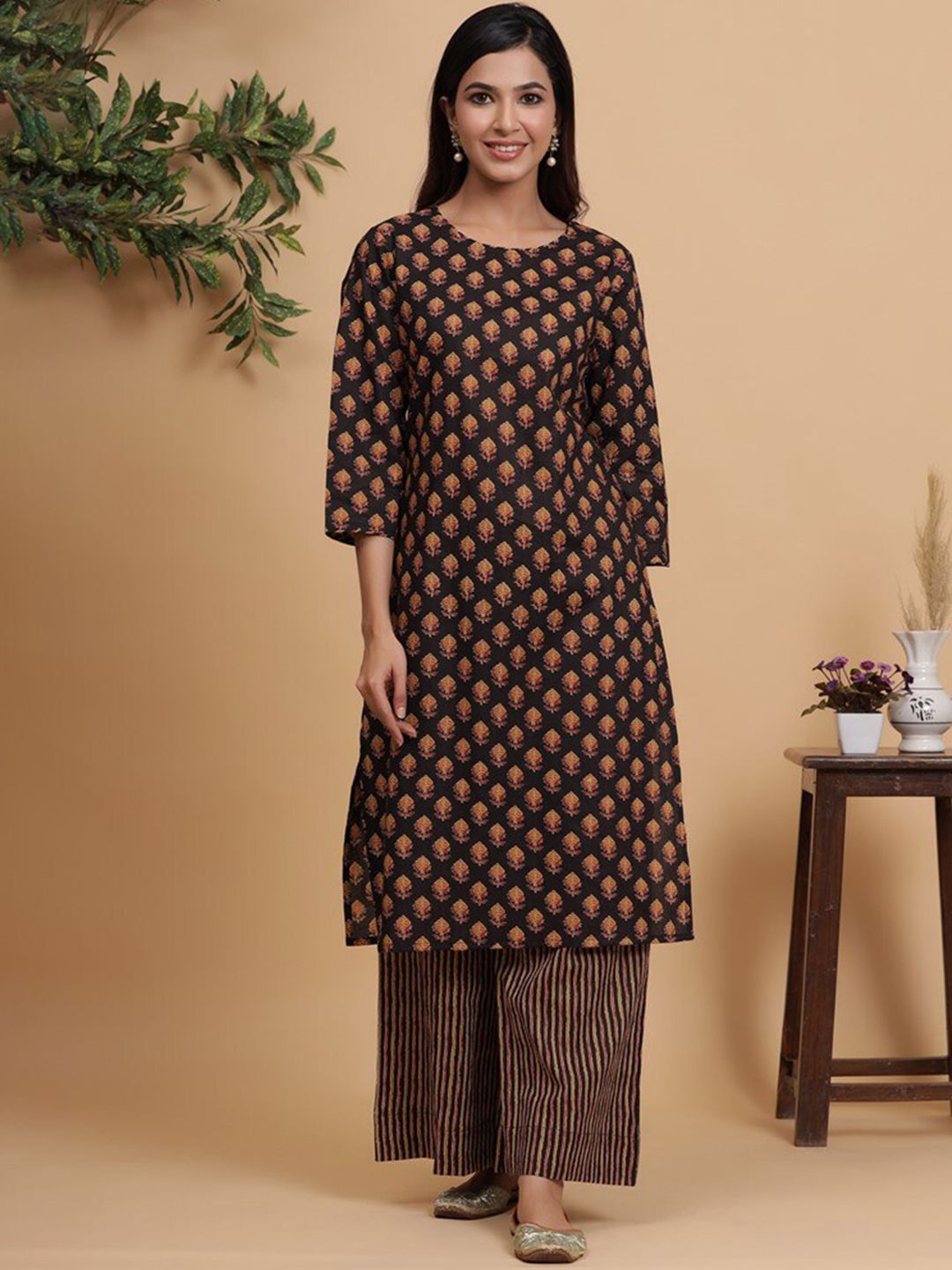 mirari Women Brown Printed Pure Cotton Kurta with Palazzos Price in India