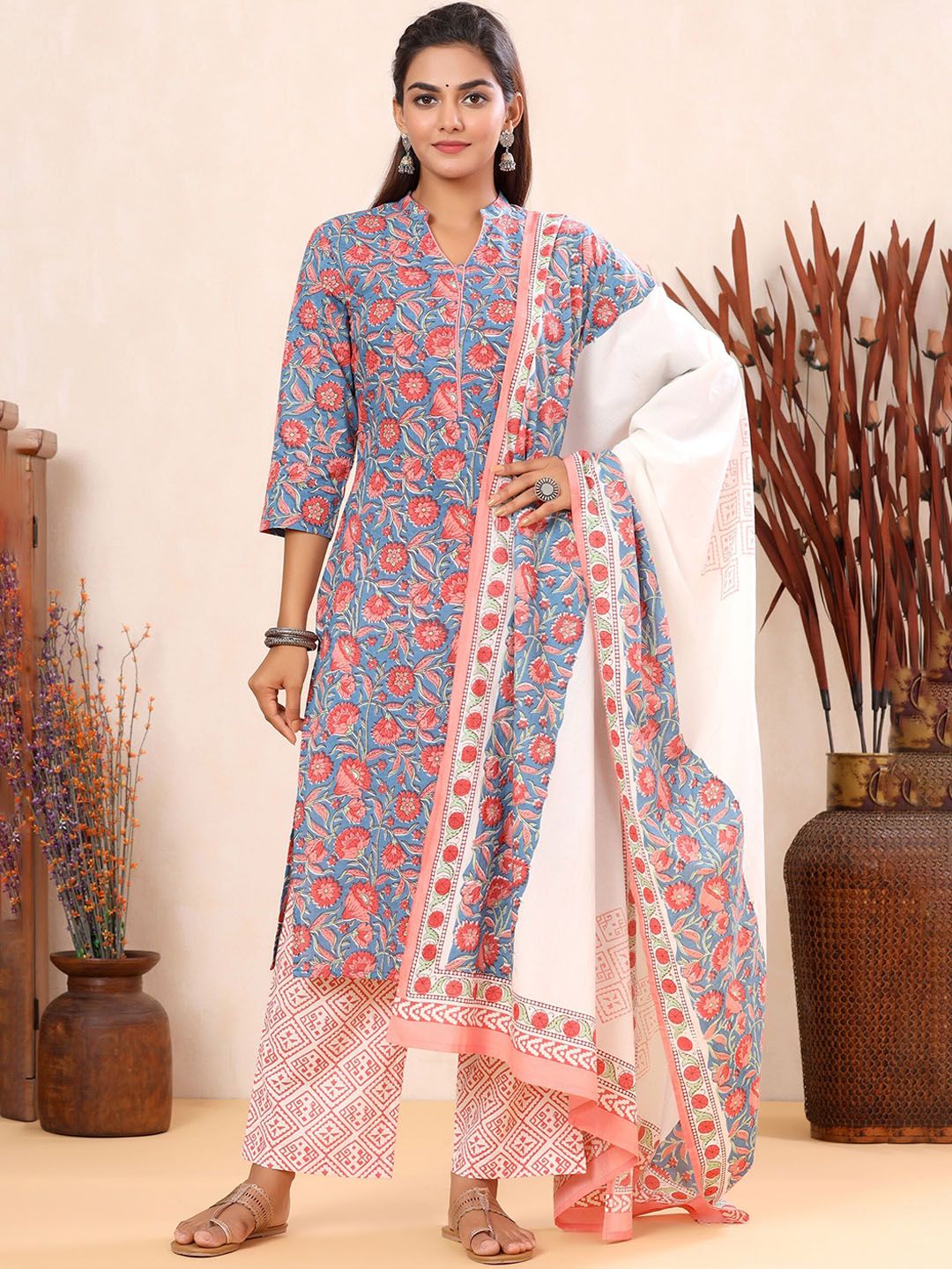 mirari Blue & Peach-Coloured Floral Printed Pure Cotton Kurta with Trousers & Dupatta Price in India