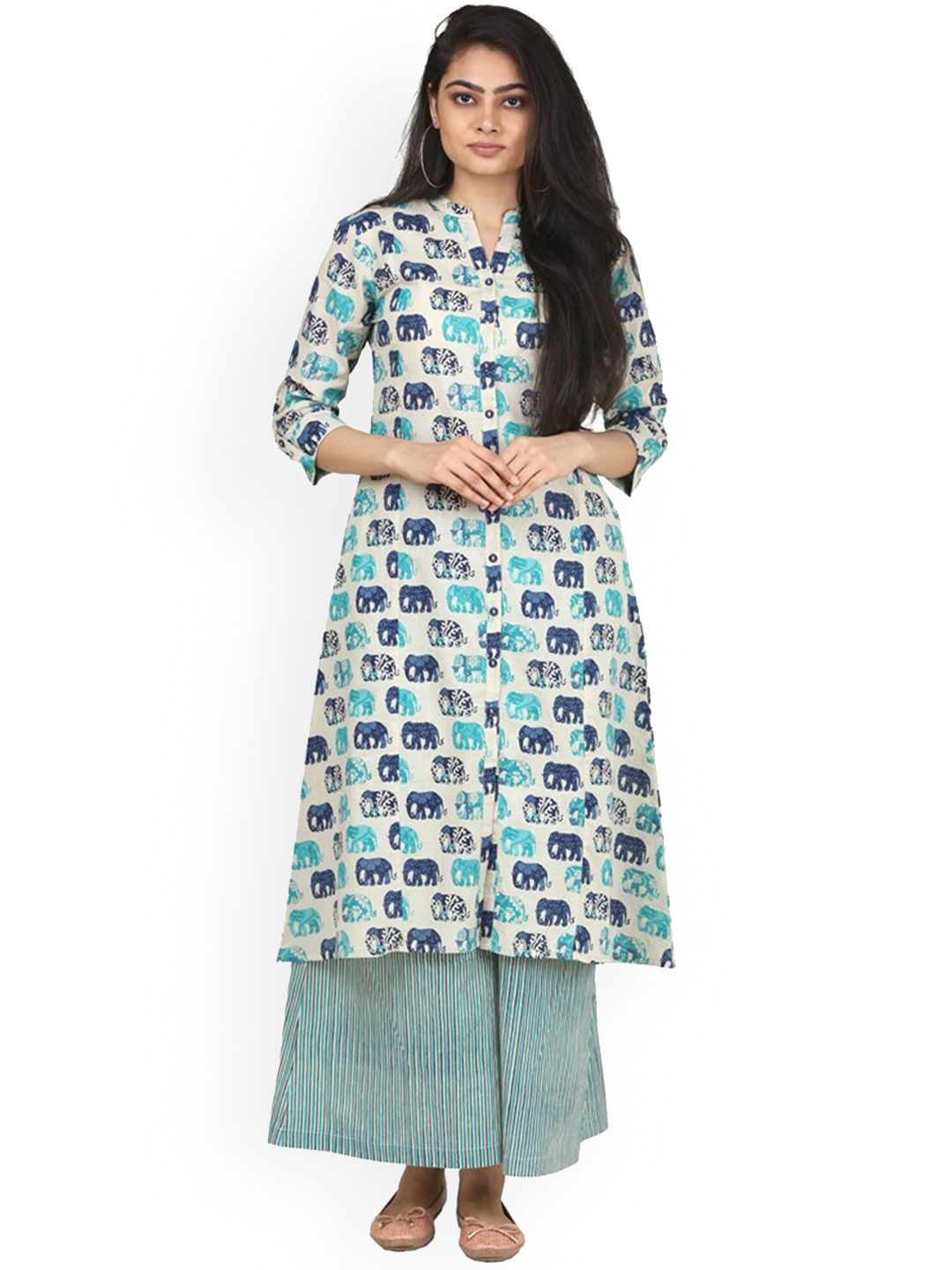 mirari Women Blue Printed Pure Cotton Kurta with Palazzos Price in India