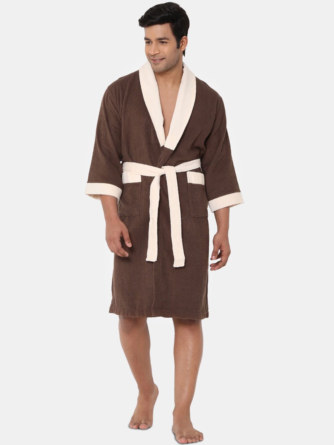 SPACES Brown & Beige Solid 300 GSM Pure Cotton Bath Robe Price in India