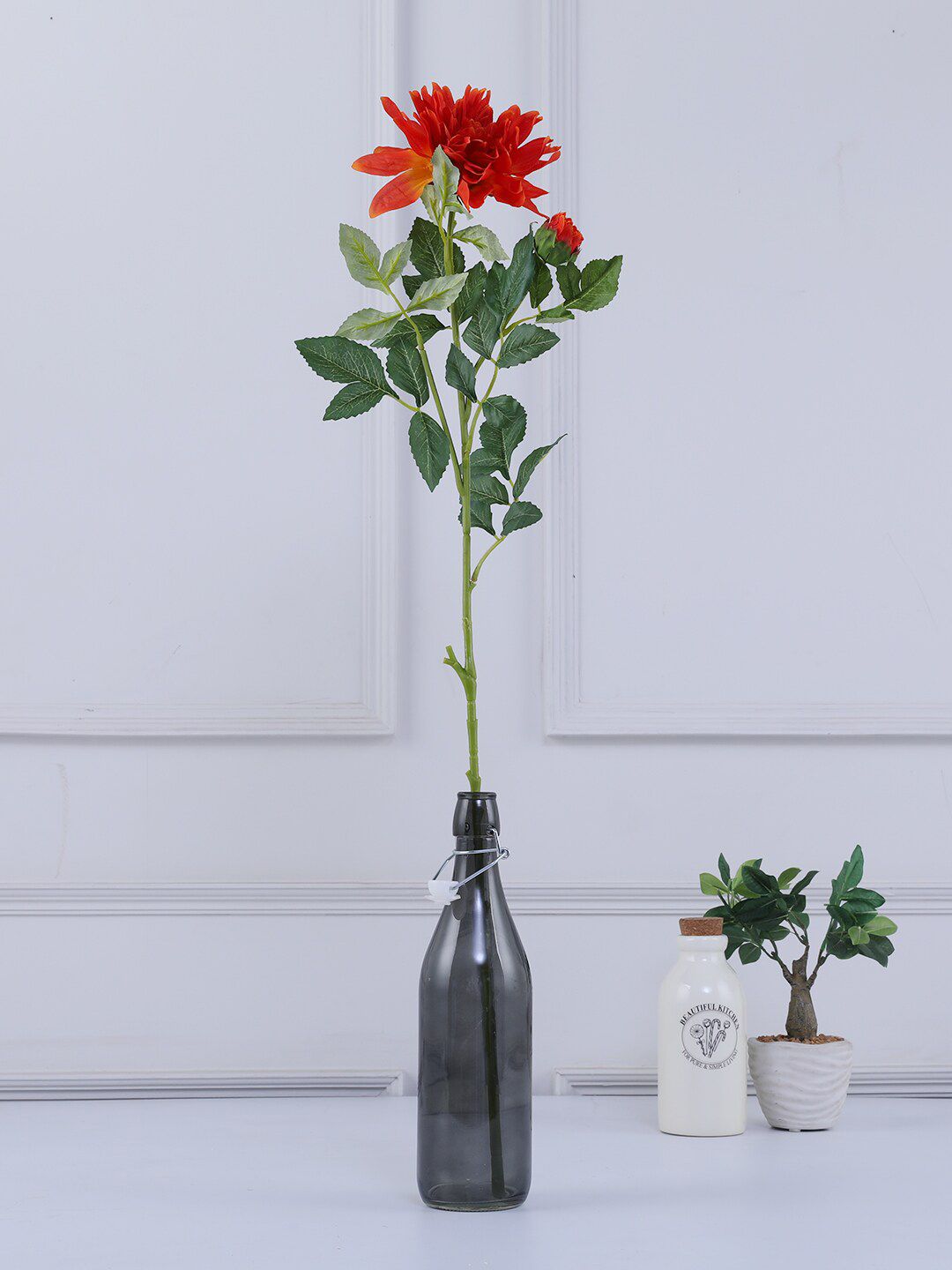 HomeTown Orange Crimson Artificial Dahlia Flower Stem With Buds Price in India