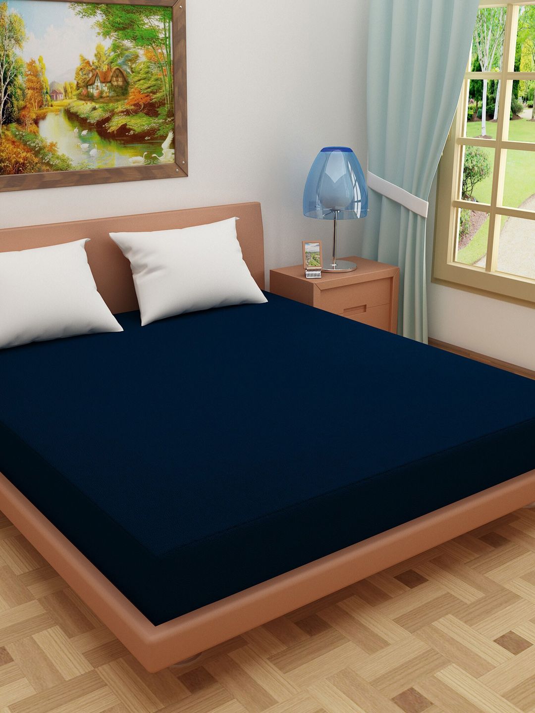 DREAM CARE Navy Blue Solid Fitted King Size Mattress Protector
