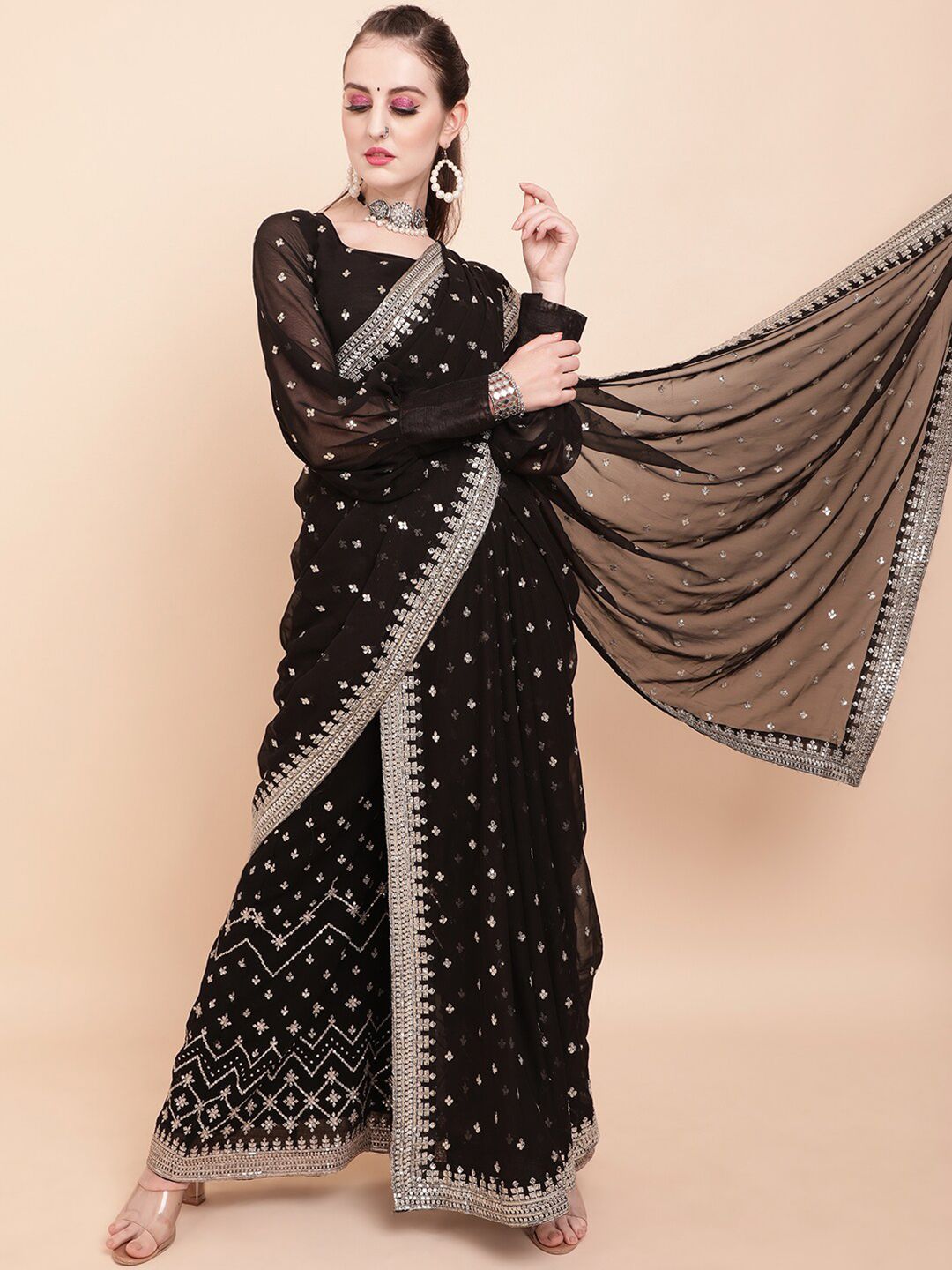 Sangria Black & White Embellished Sequinned Pure Georgette Palazzo Saree Price in India