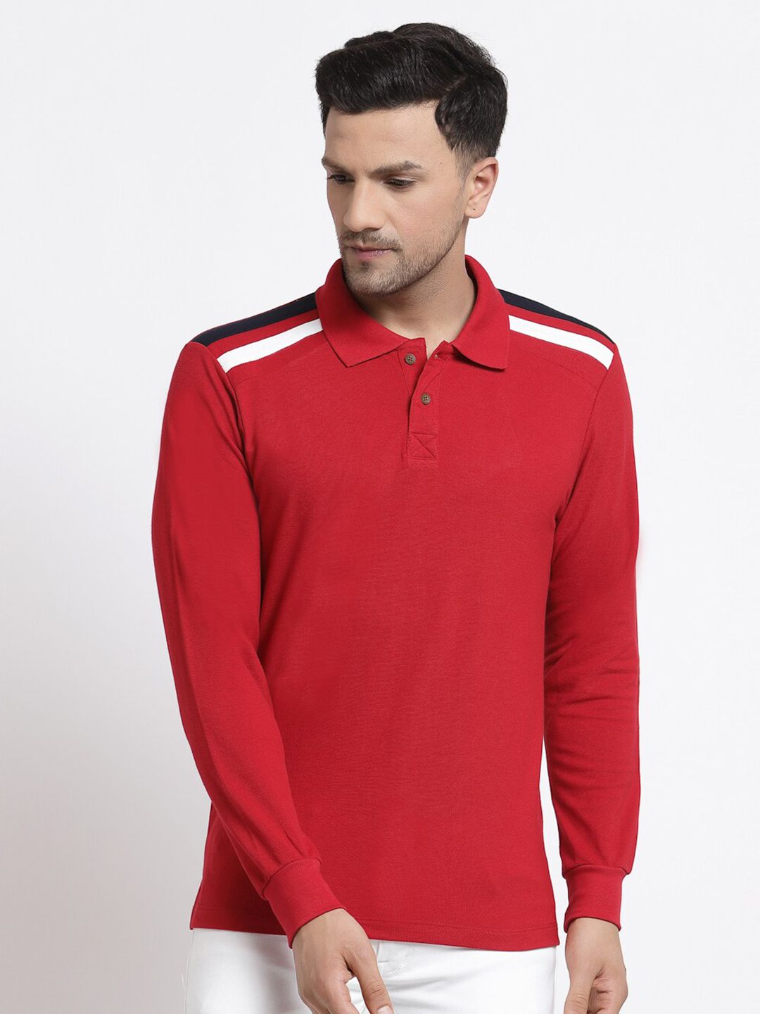 Kalt Men Red Printed Full Sleeves Polo Collar T-shirt