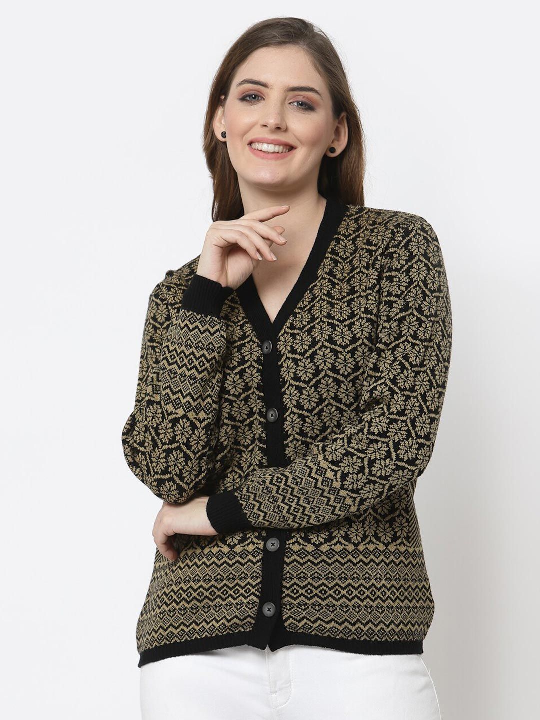 Kalt Women Black & Green Floral Cardigan Price in India