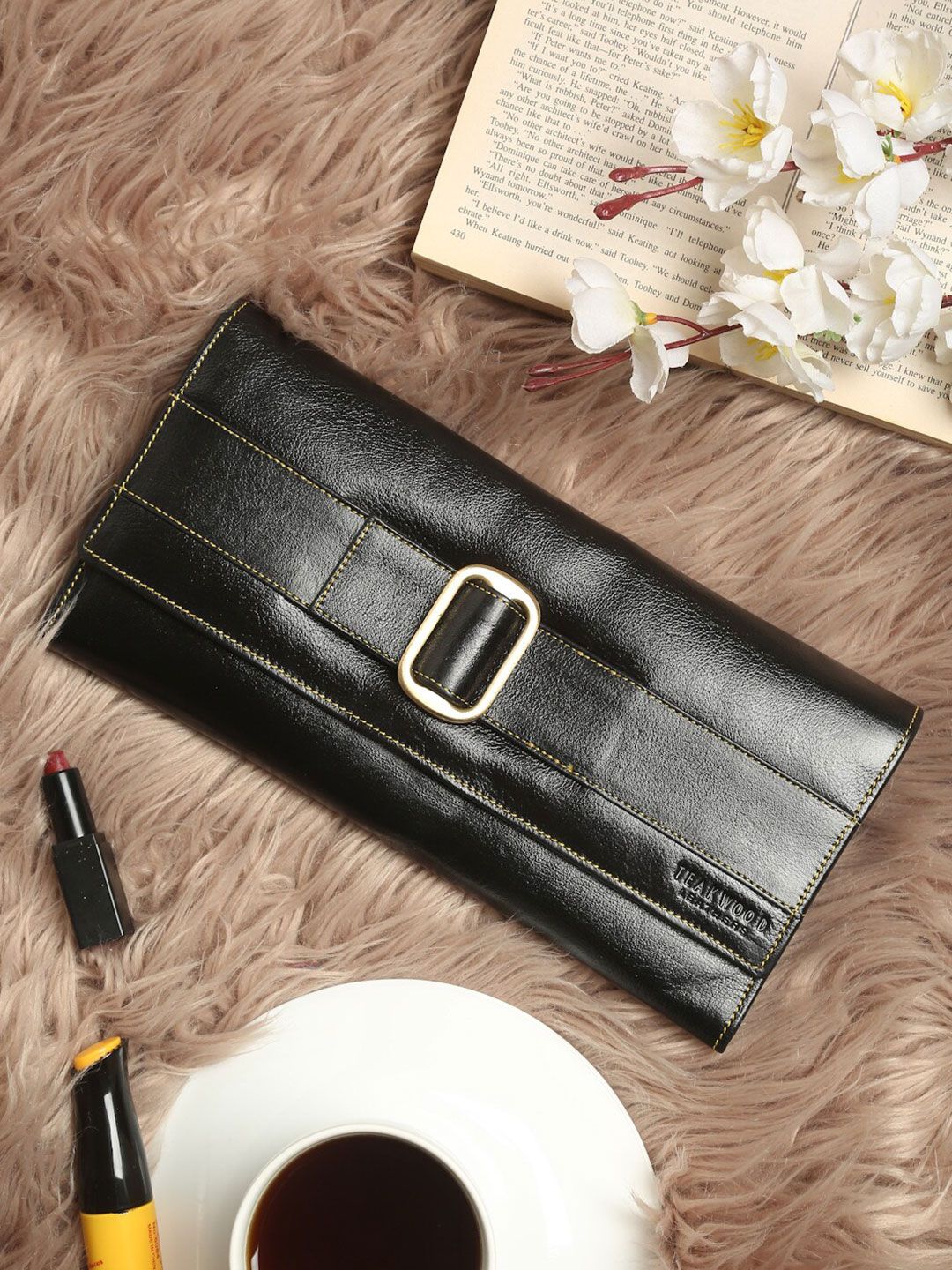 Teakwood Leathers Women Black Leather Two Fold Wallet Price in India