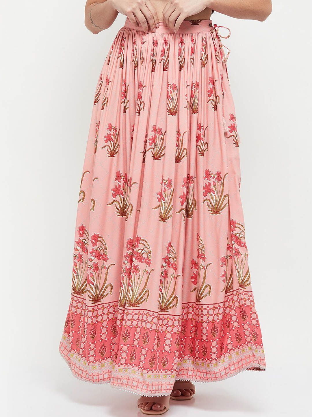 max Women Rose-Pink Printed Flared Maxi Skirt