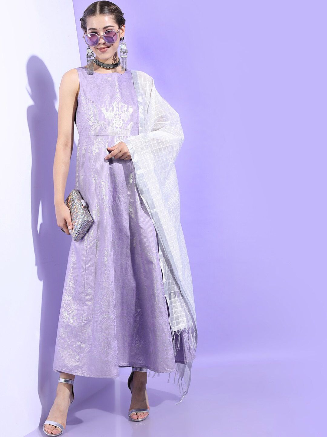 Vishudh Purple & Silver-Toned Self Design Ethnic Maxi Dress Price in India