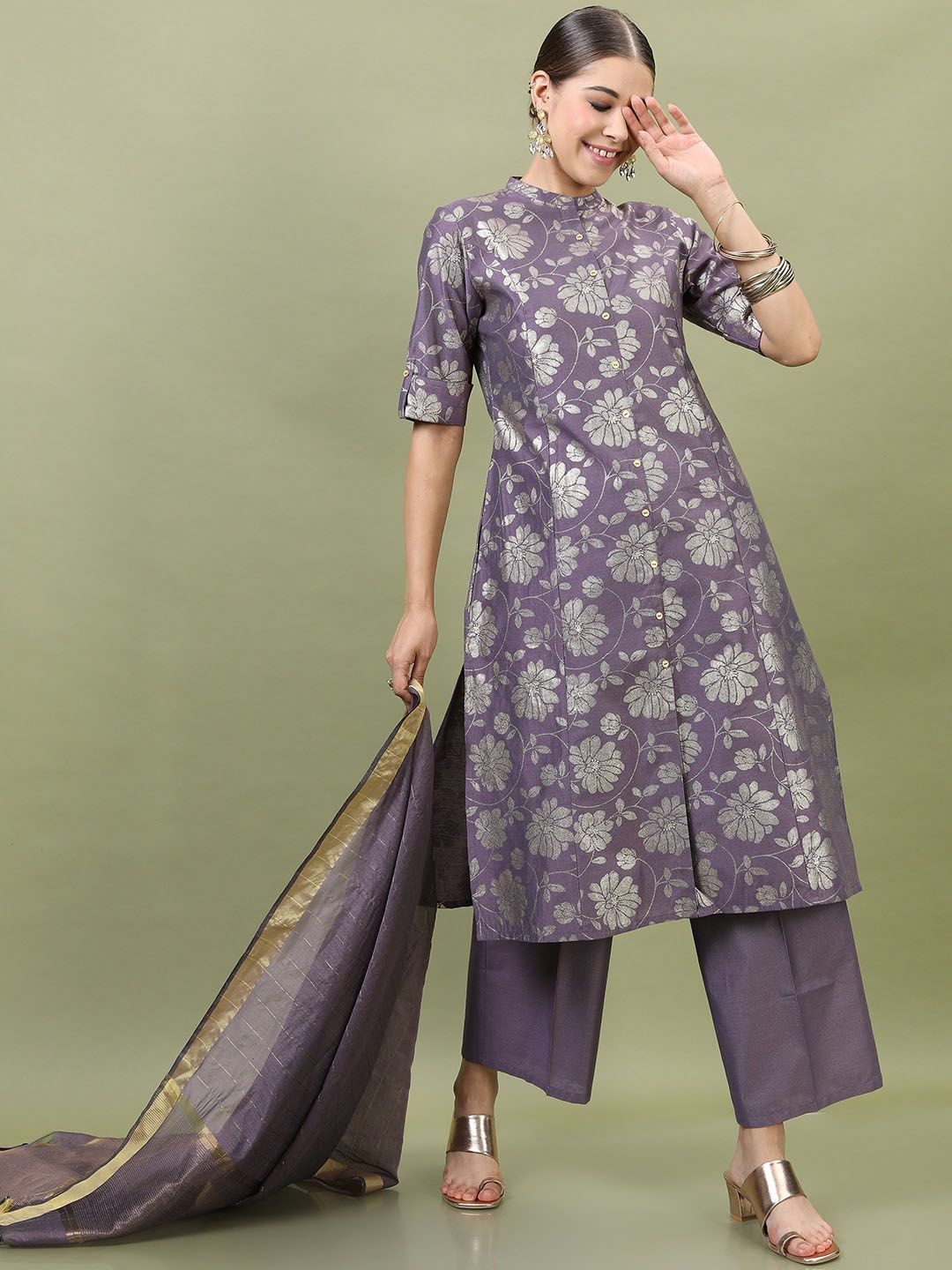 Vishudh Women Purple Floral Viscose Rayon Kurta with Trouser & Dupatta Price in India