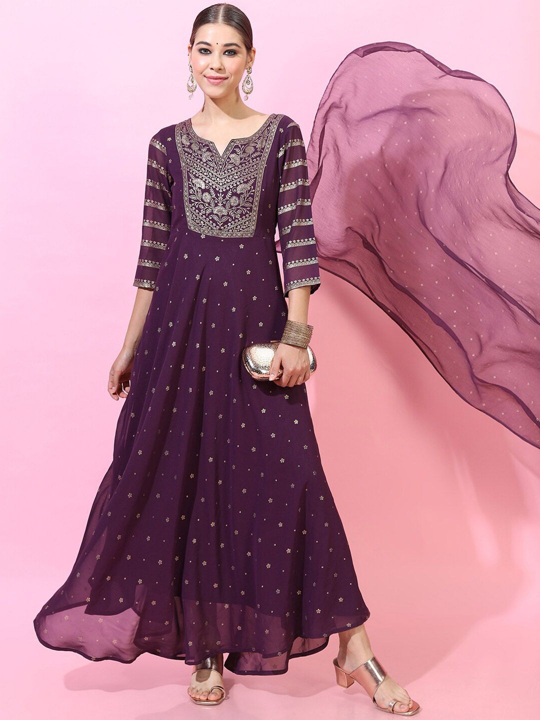Vishudh Women Purple Printed Maxi Dress With Dupatta Price in India