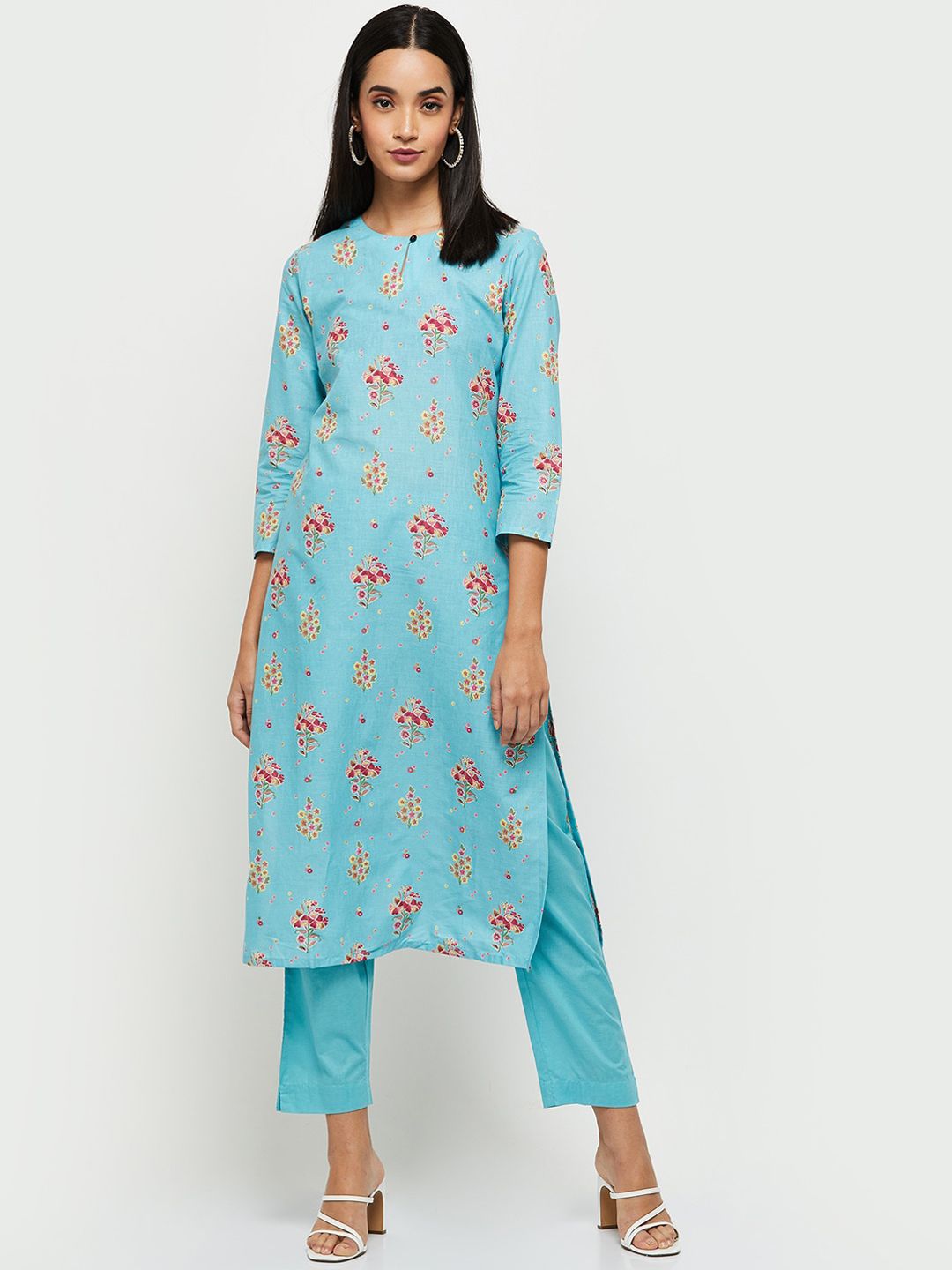 max Women Blue Floral Embroidered Panelled Kurti with Trousers Price in India