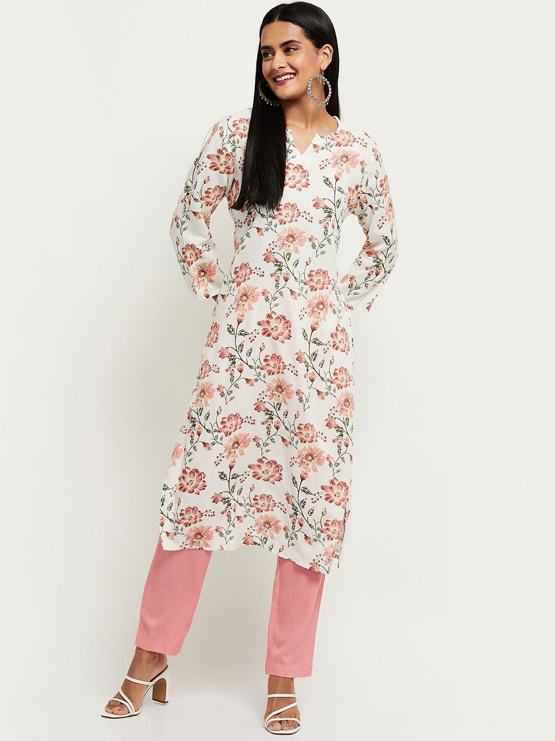 max Women Off White Floral Printed High Slit Kurti with Trousers Price in India