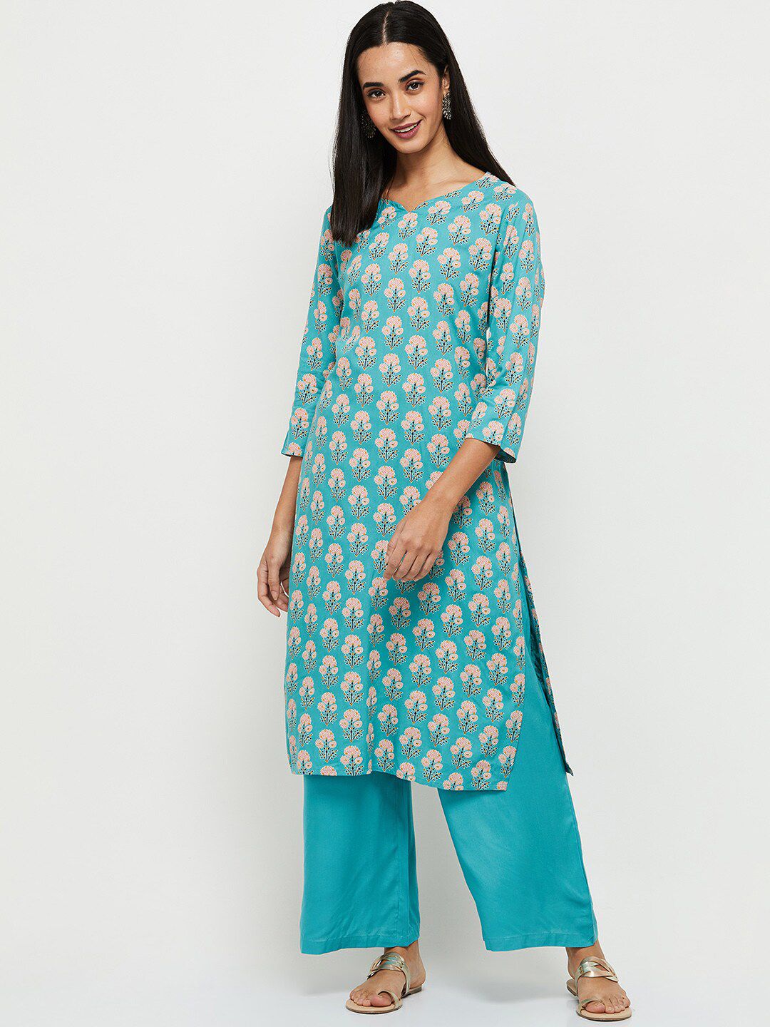 max Women Blue Floral Printed Kurti with Palazzos Price in India