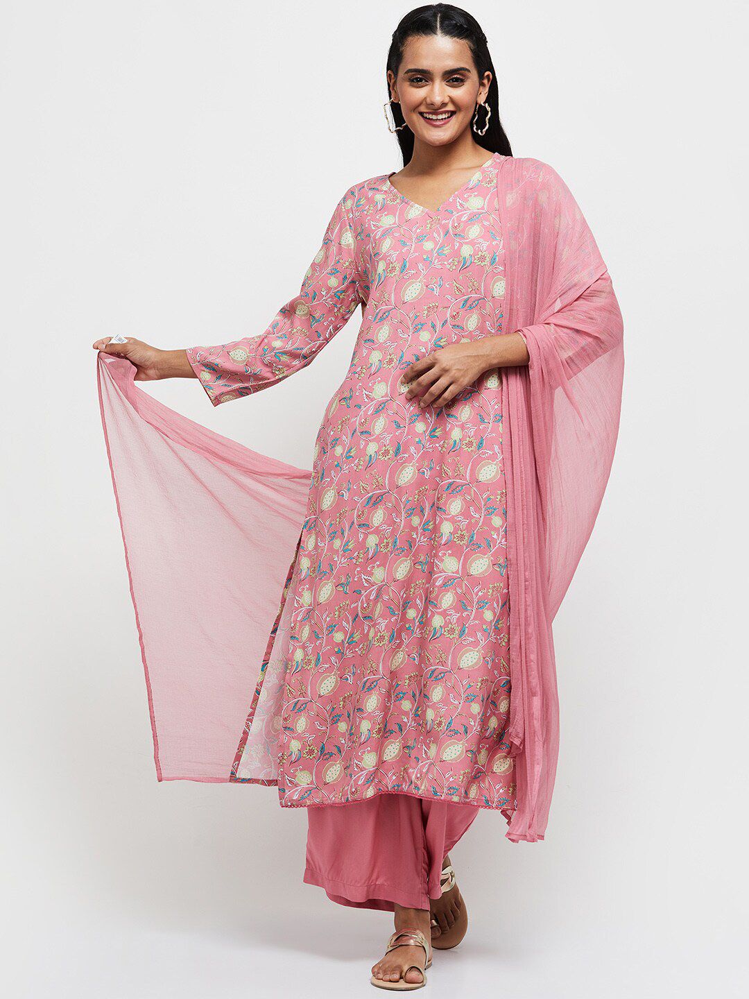 max Women Pink Floral Printed Kurta with Palazzos & With Dupatta Price in India