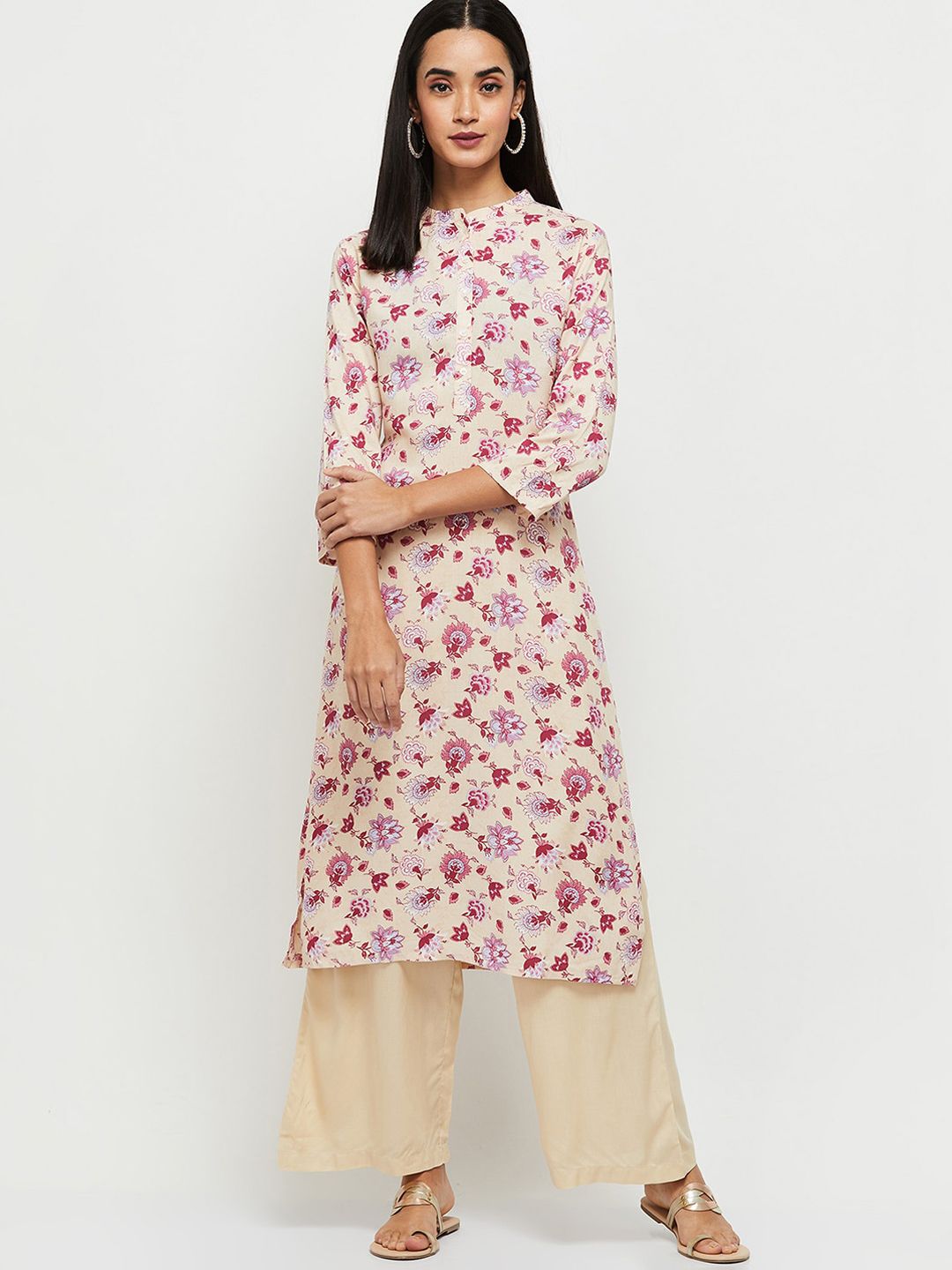 max Women Beige Floral High Slit Kurti with Palazzos Price in India