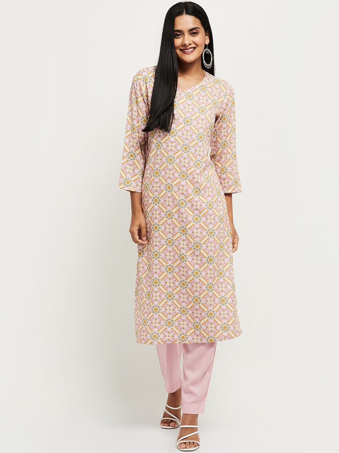 max Women Pink Printed Kurta with Churidar Price in India