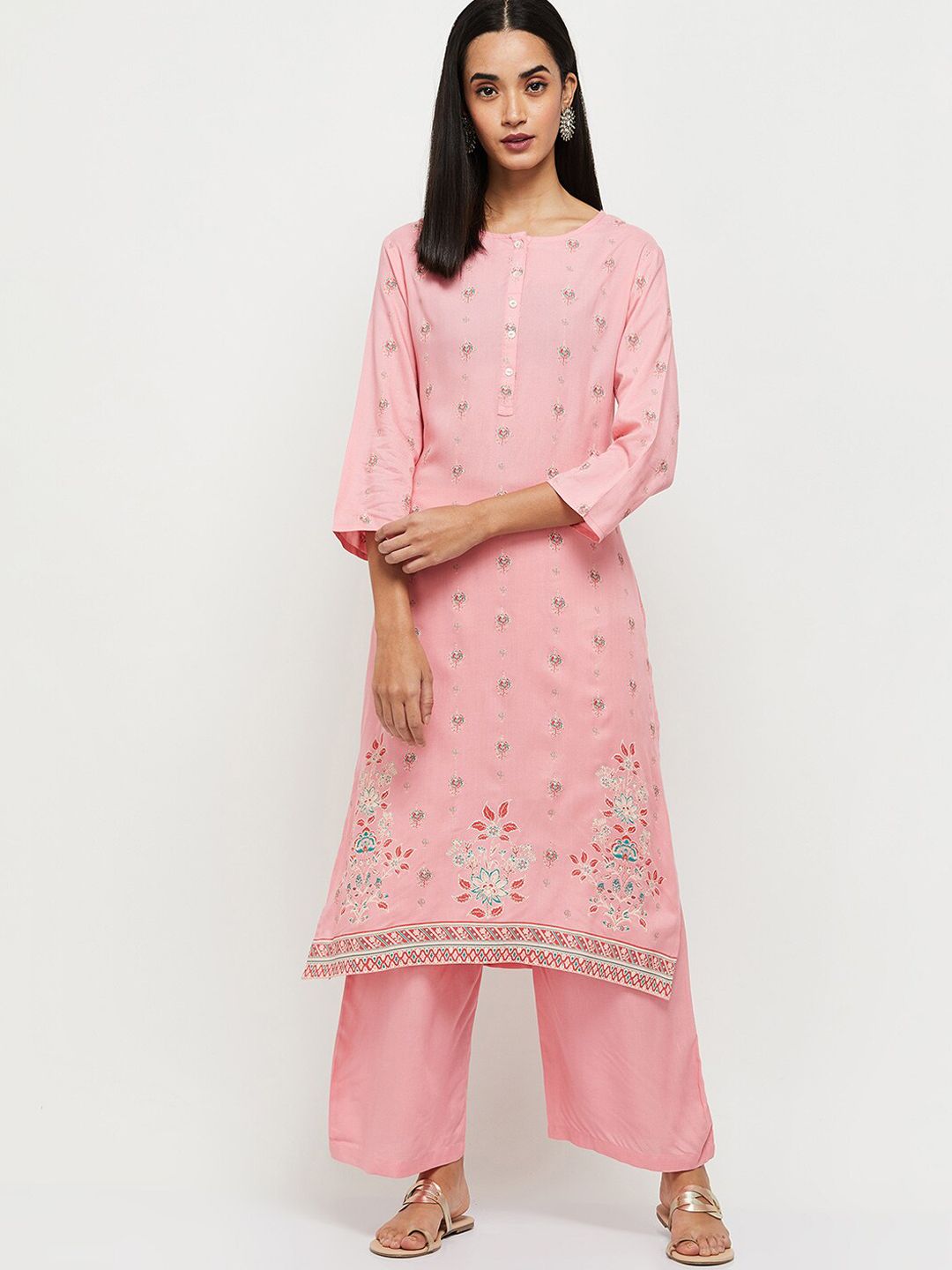 max Women Peach-Coloured Printed Pure Cotton Kurta with Palazzos Price in India