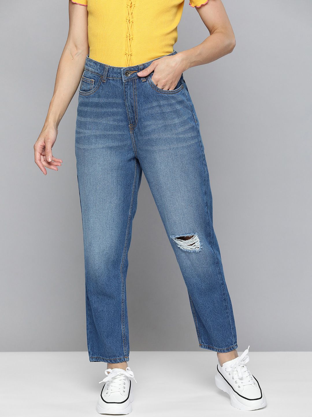 Flying Machine Women Blue Mom Fit High-Rise Low Distress Light Fade Stretchable Jeans Price in India