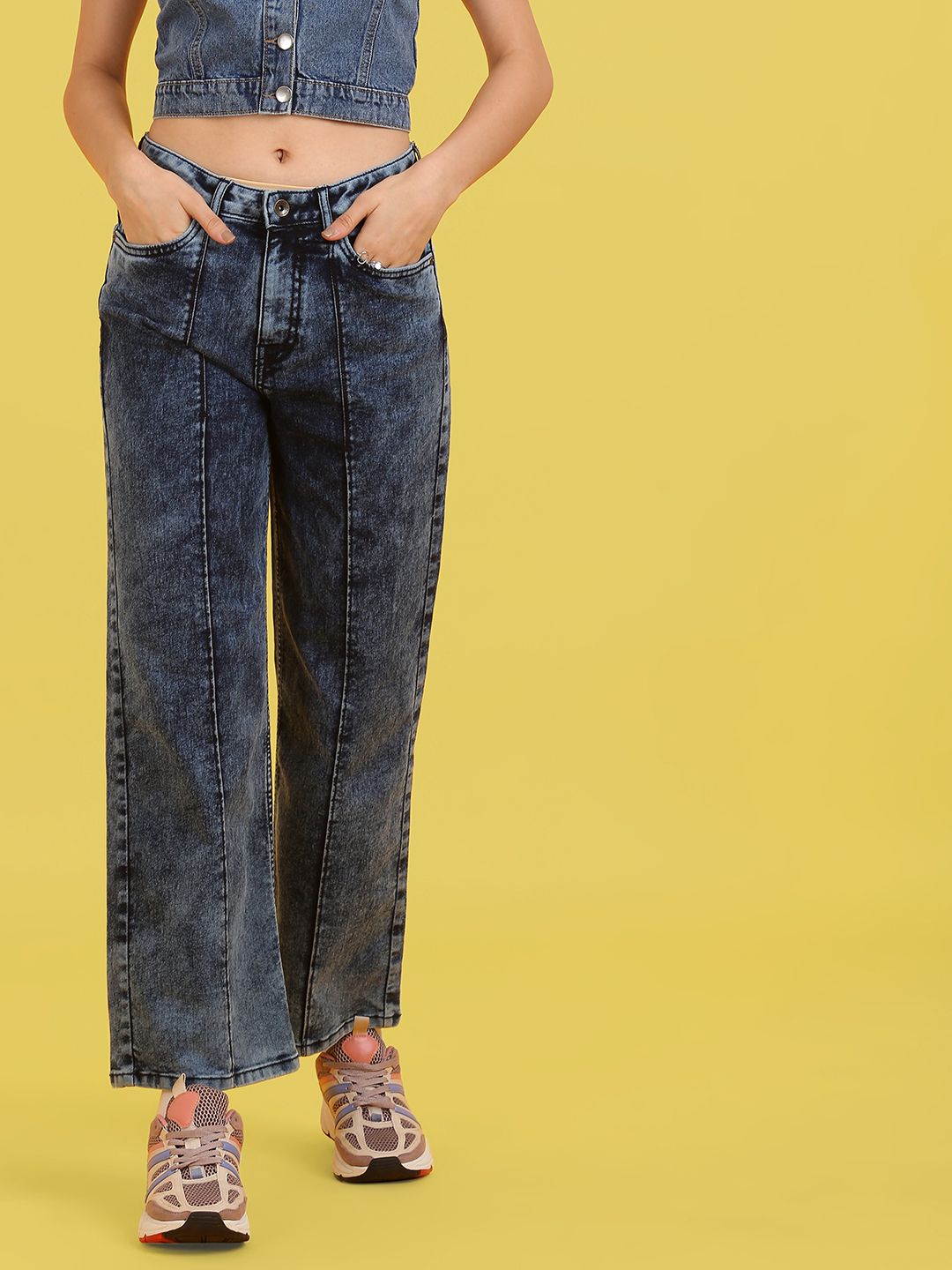 Flying Machine Women Blue Wide Leg Heavy Fade Acid Wash Stretchable Jeans Price in India