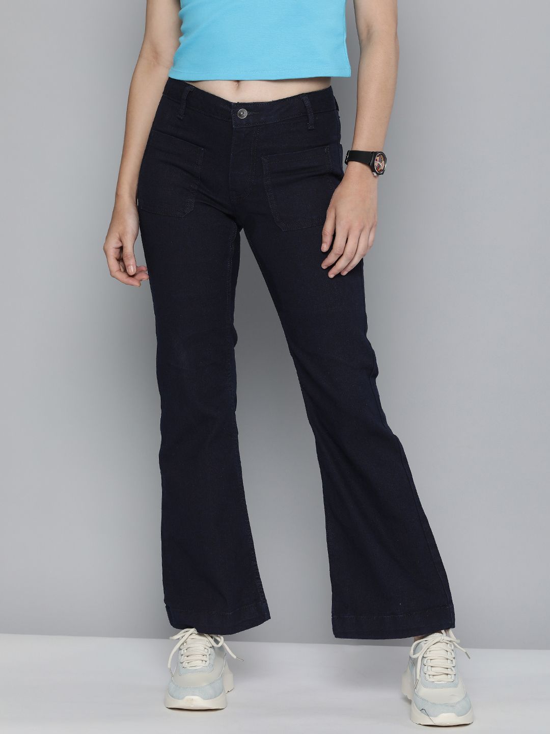 Flying Machine Women Navy Blue Flared Bootcut Mid-Rise Stretchable Jeans Price in India