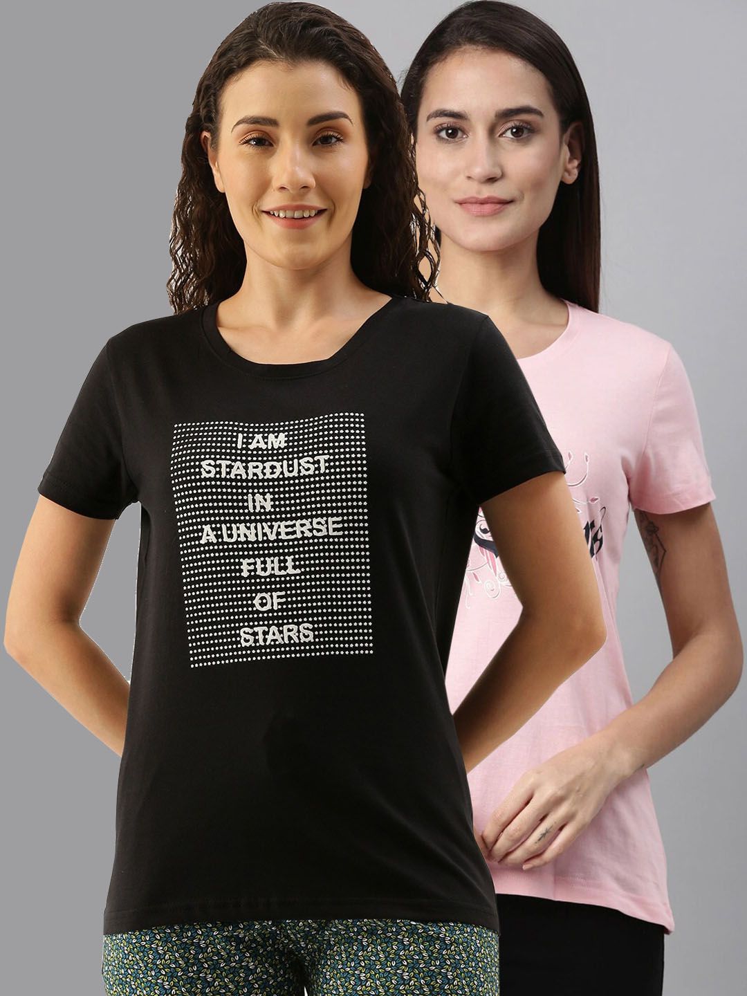 Kryptic Women Pack Of 2 Pink and Black Graphic Printed Pure Cotton Lounge T-Shirts Price in India