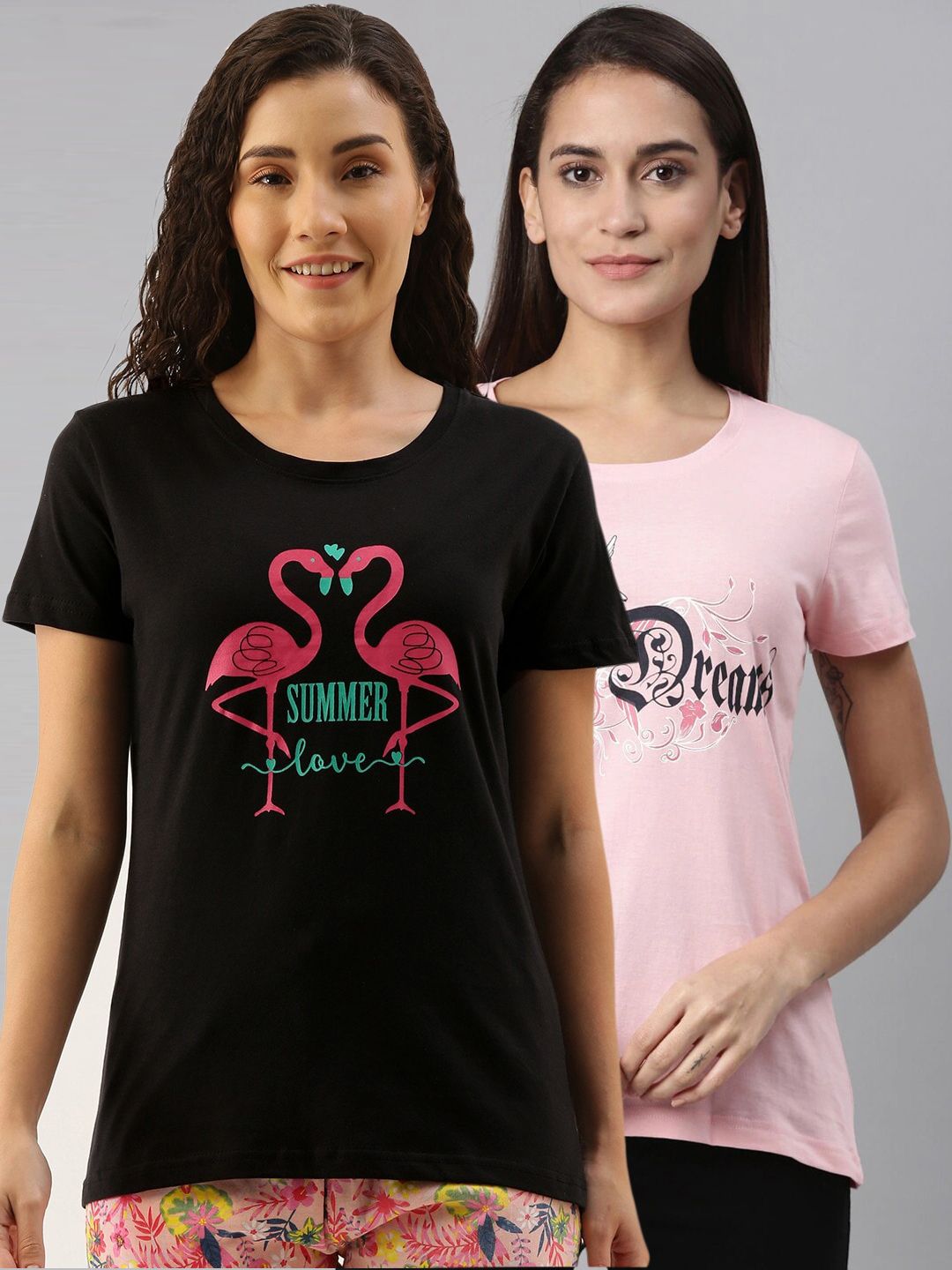 Kryptic Women Pack Of 2 Pink and Black Graphic Printed Cotton Lounge Tshirts Price in India