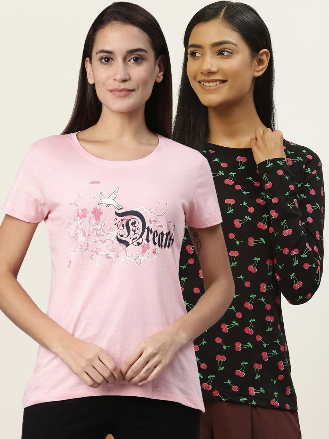 Kryptic Women Pack Of 2 Pink and Black Printed Cotton Lounge Tshirts Price in India