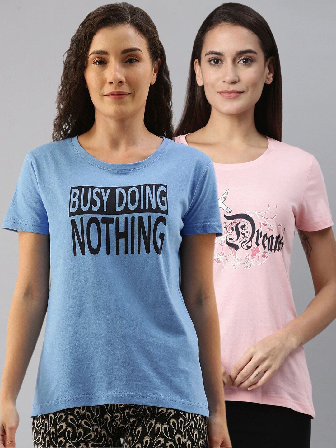 Kryptic Women Pack of 2 Pink and Blue Printed Pure Cotton Lounge Tshirts Price in India