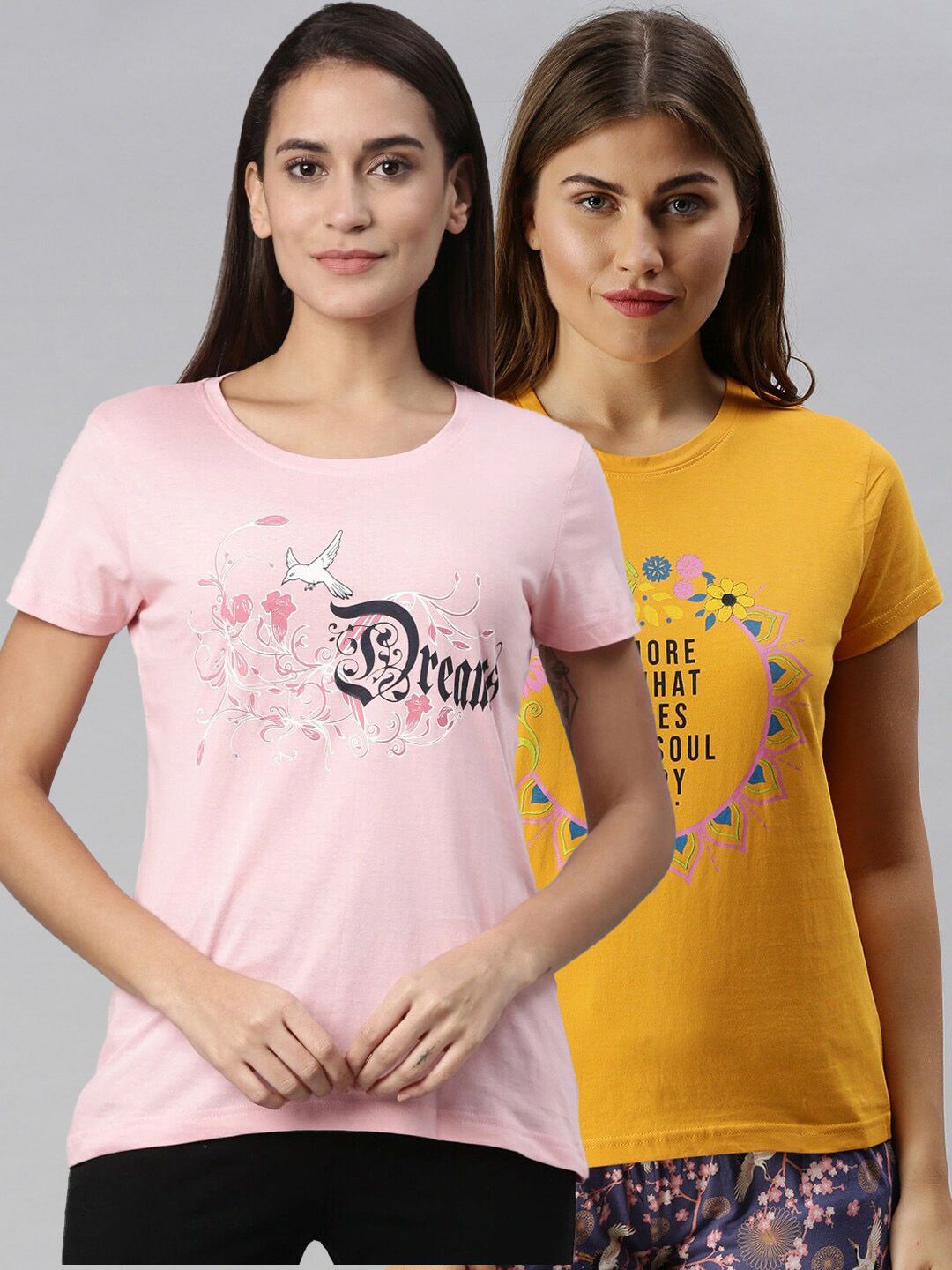 Kryptic Women Pack Of 2 Pink & Yellow Printed Cotton Lounge T-shirts Price in India