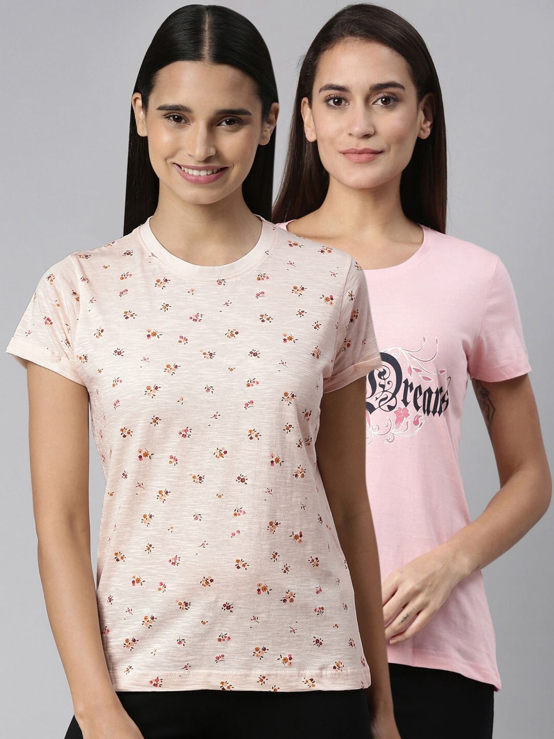 Kryptic Women Pack of 2 Pink & Beige Printed Pure Cotton T-Shirts Price in India