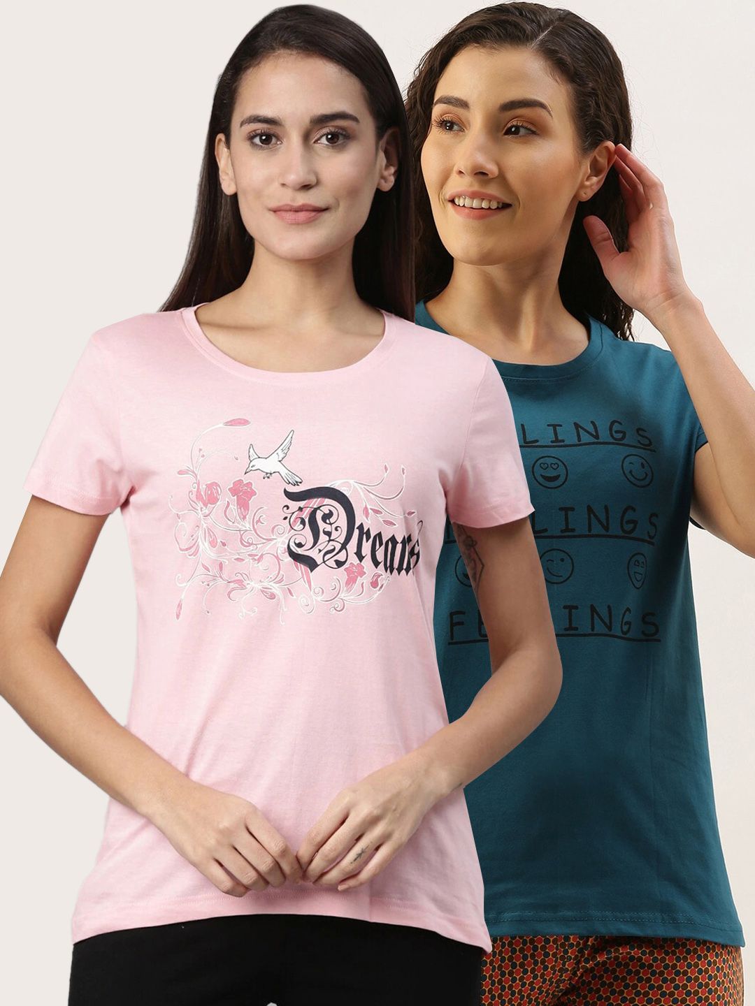 Kryptic Women Pack of 2 Pink and Teal Printed Pure Cotton Lounge Tshirts Price in India