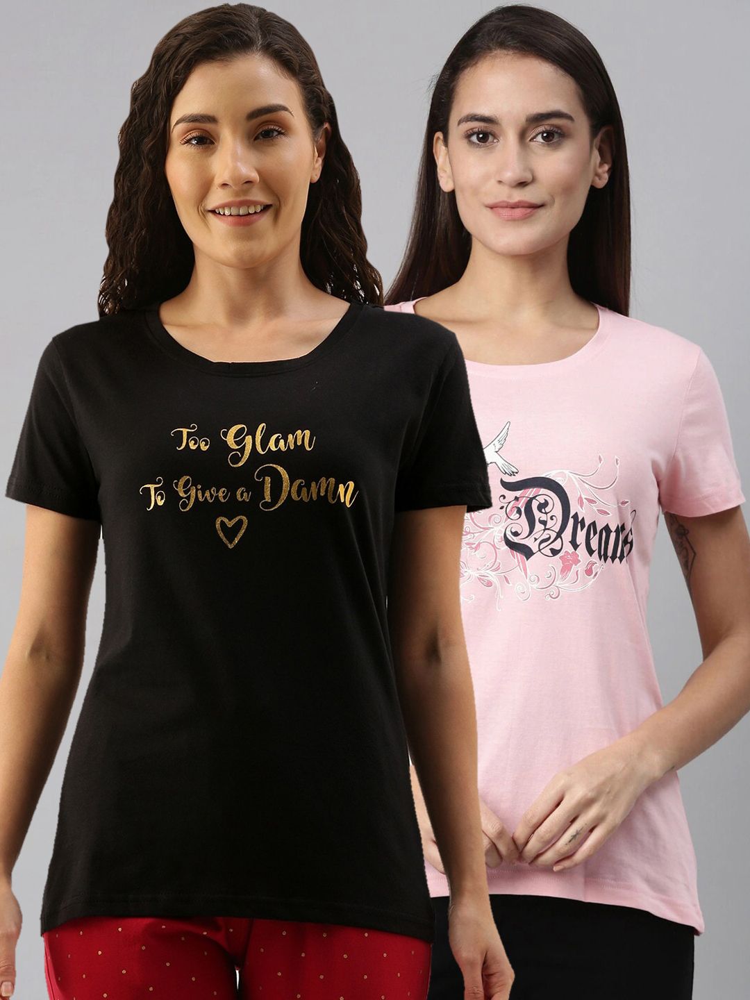 Kryptic Women Pack Of 2 Pink and Black Printed Pure Cotton Lounge T-Shirts Price in India