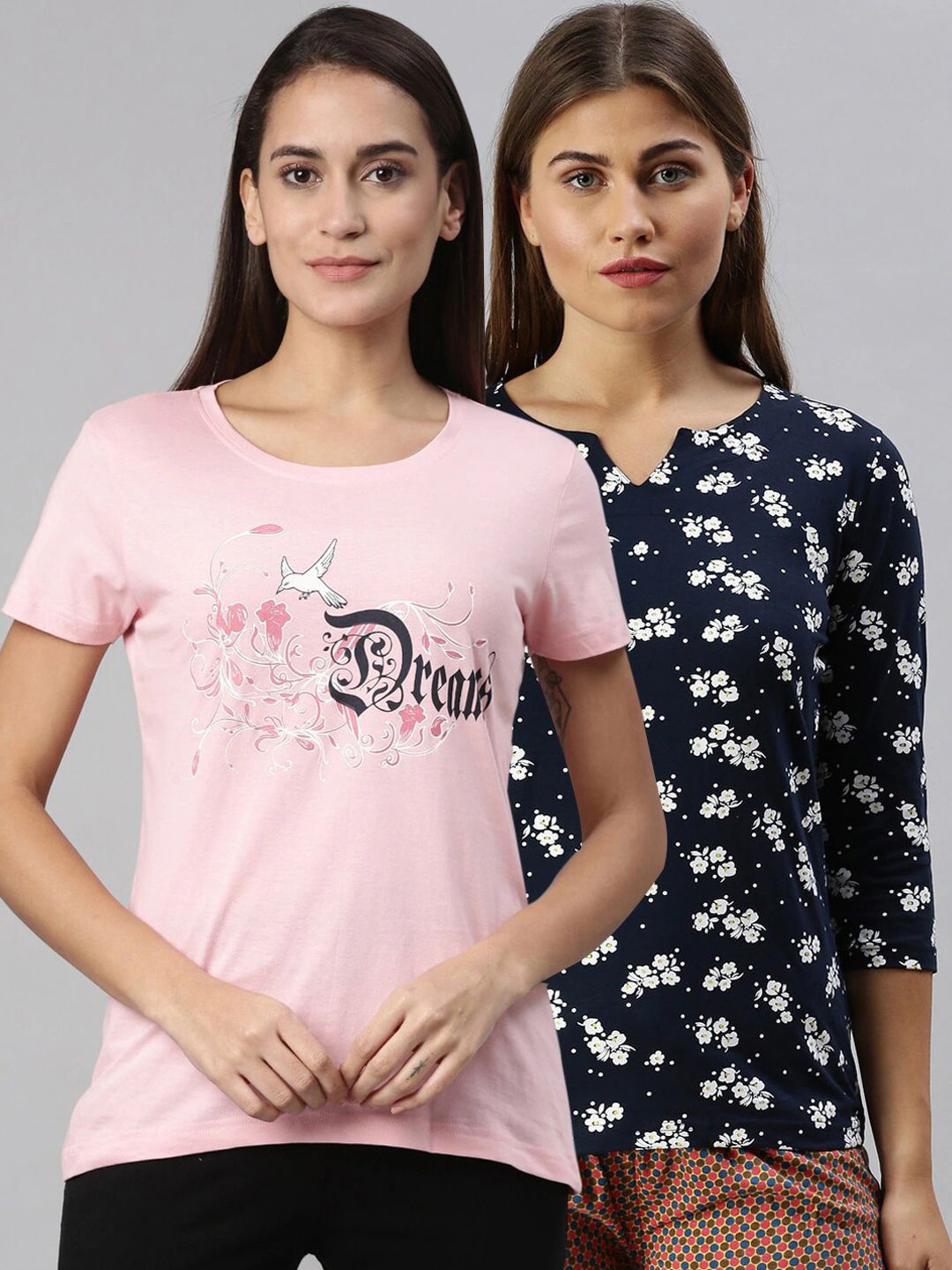 Kryptic Women Pack of 2 Pink and Blue Printed Lounge Tshirts Price in India