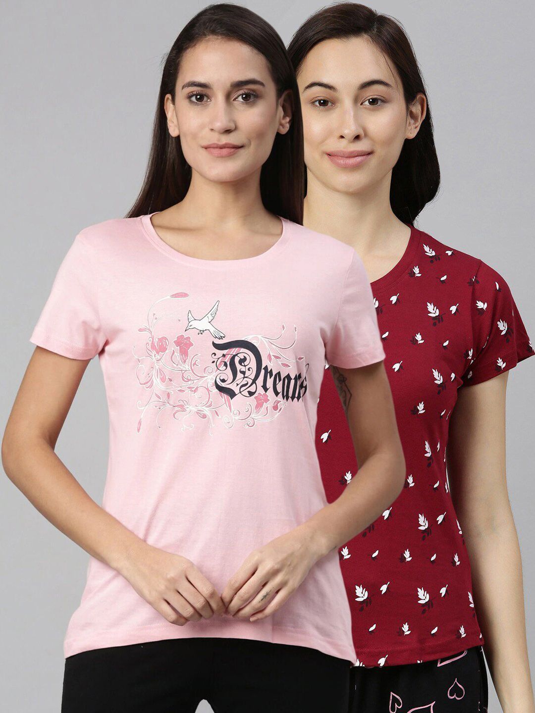 Kryptic Women Pack Of 2 Pink and Maroon Printed Pure Cotton Lounge T- Shirt Price in India