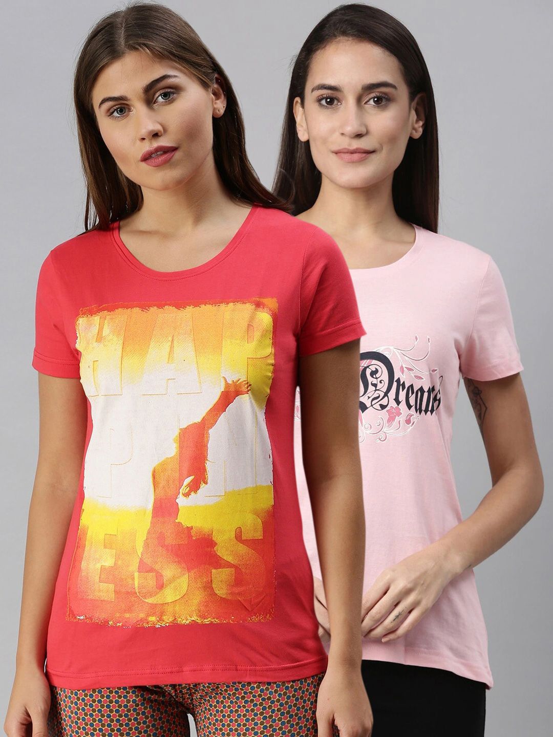 Kryptic Women Pack Of 2 Pink Printed Pure Cotton Lounge T-Shirts Price in India