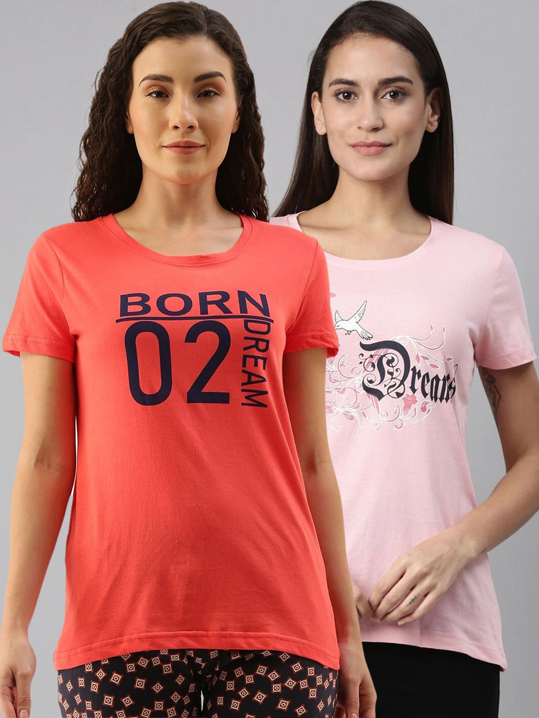 Kryptic Women Pack Of 2 Pink and Orange Printed Pure Cotton Lounge T-Shirts Price in India