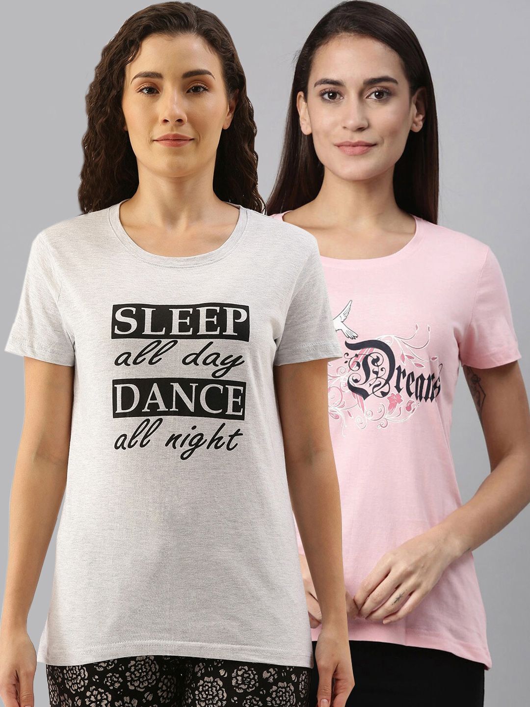 Kryptic Women Pack Of 2 Pink & Grey Printed Pure Cotton Lounge T-Shirts Price in India