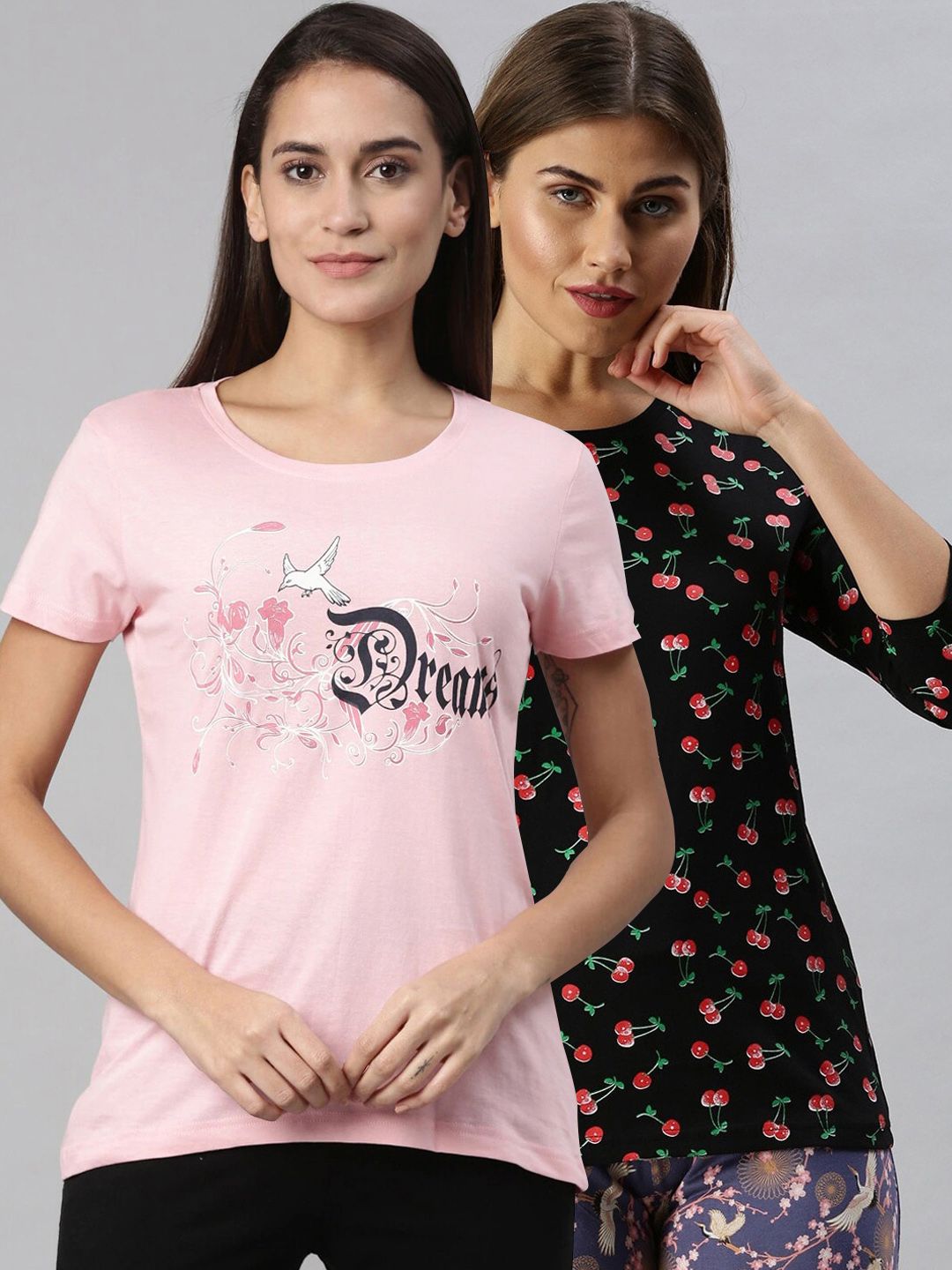 Kryptic Women Pack Of 2 Pink and Black Printed Pure Cotton Lounge T-Shirts Price in India