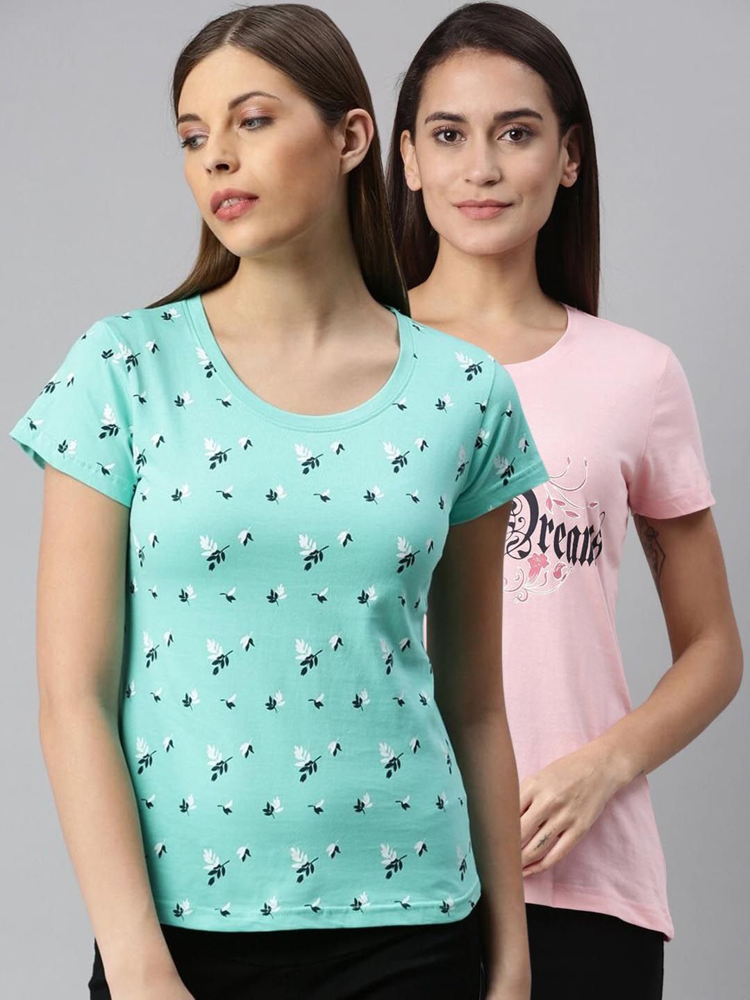 Kryptic Women Pack Of 2 Pink and Green Printed Pure Cotton Lounge T-Shirts Price in India