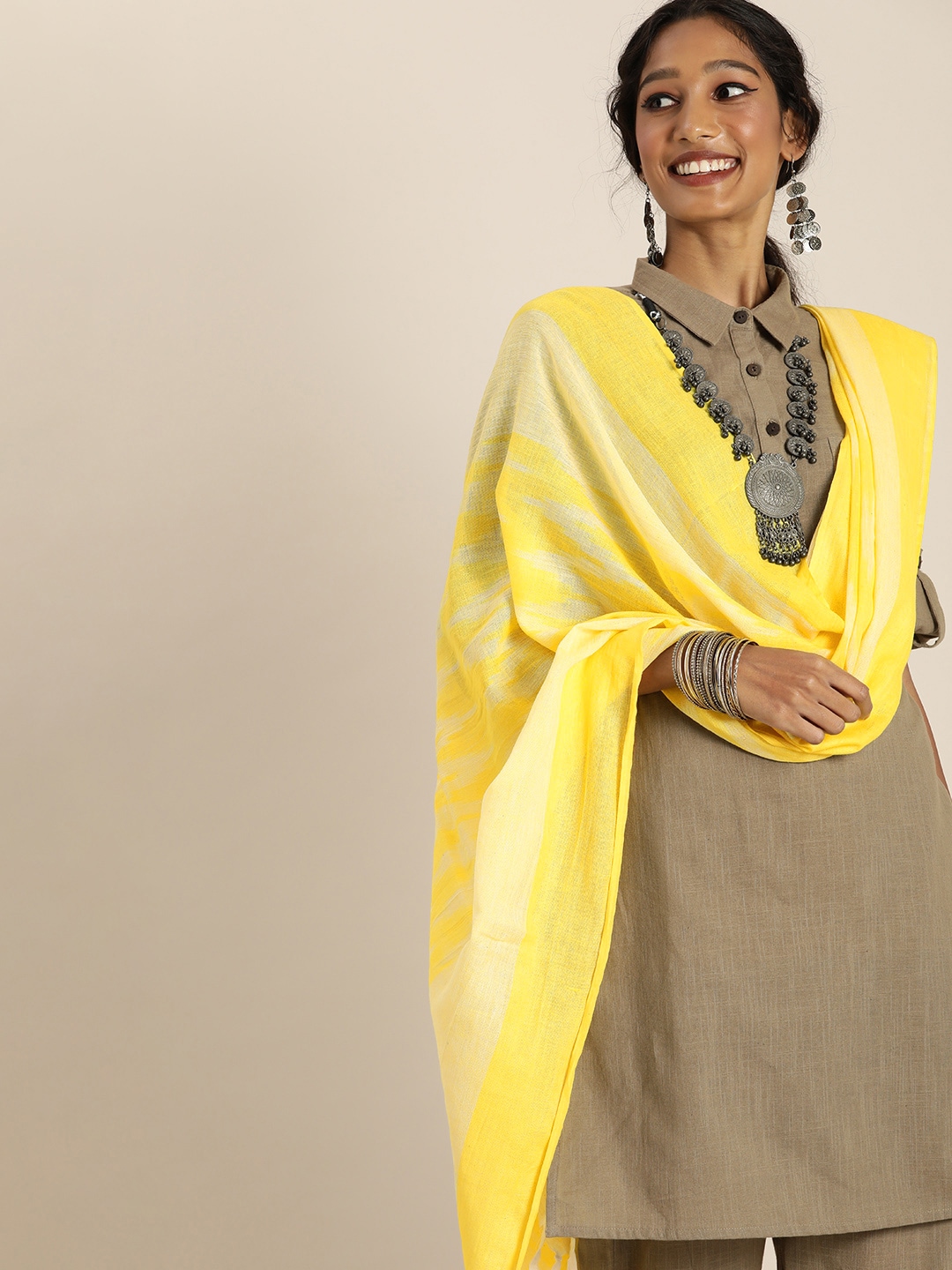 Taavi Yellow Ethnic Motifs Woven Design Pure Cotton Ikat Dupatta Price in India
