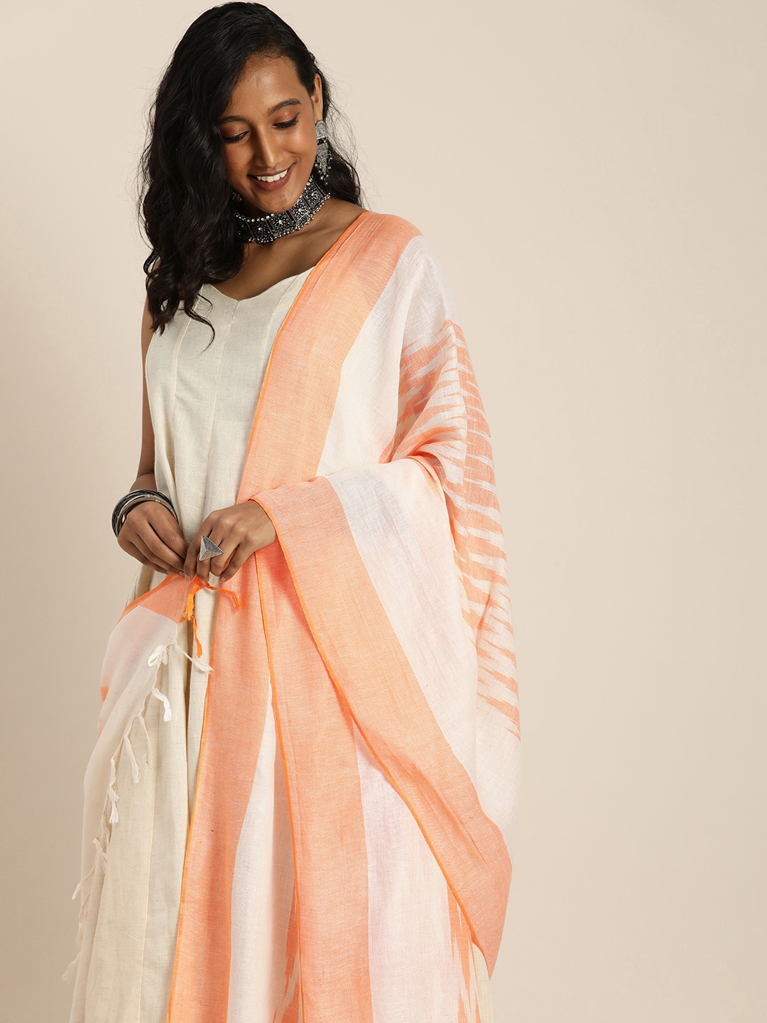 Taavi White & Orange Ethnic Motifs Woven Design Pure Cotton Ikat Dupatta Price in India