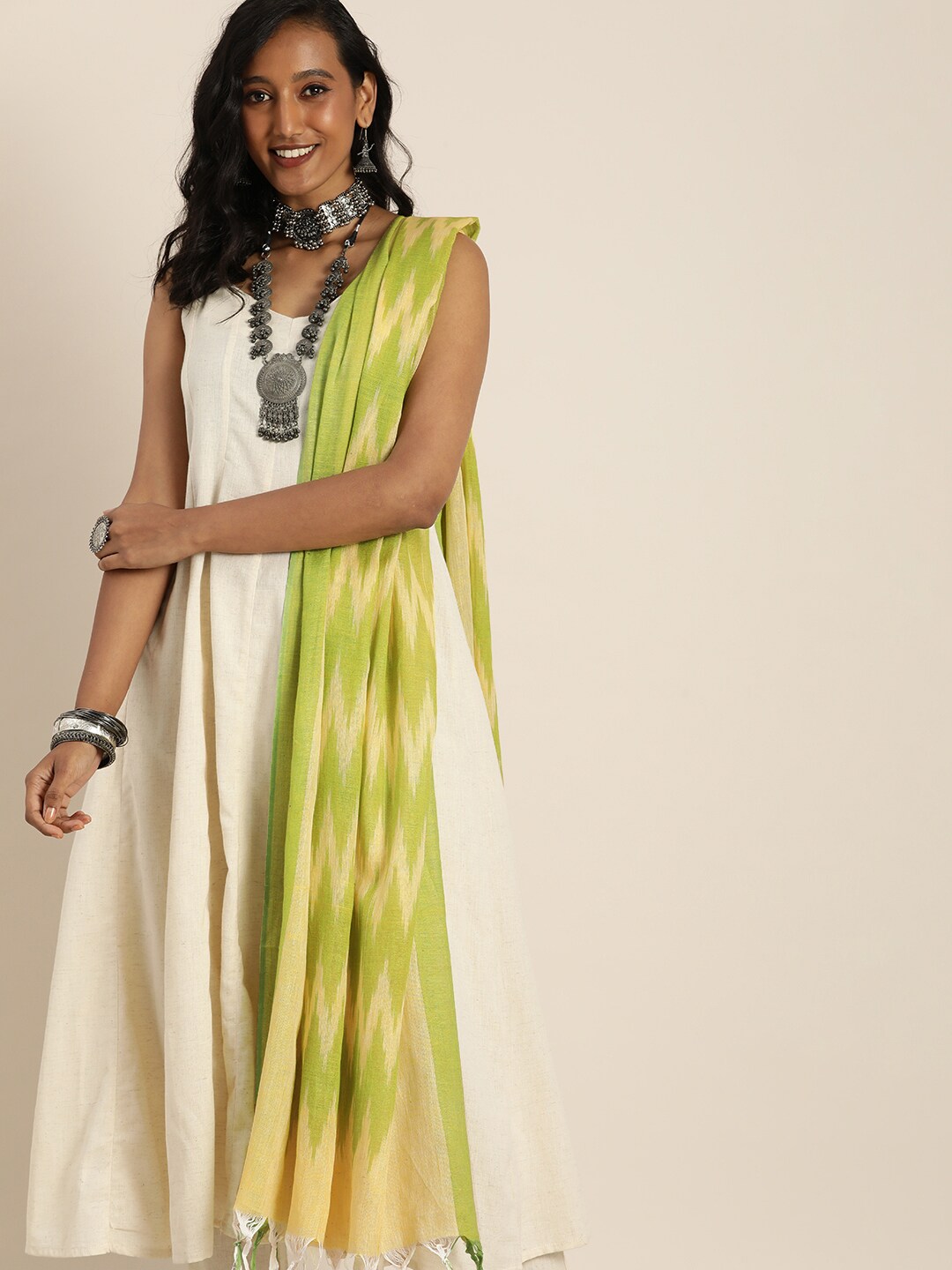 Taavi Yellow & Green Pure Cotton Woven Design Ikat Dupatta Price in India