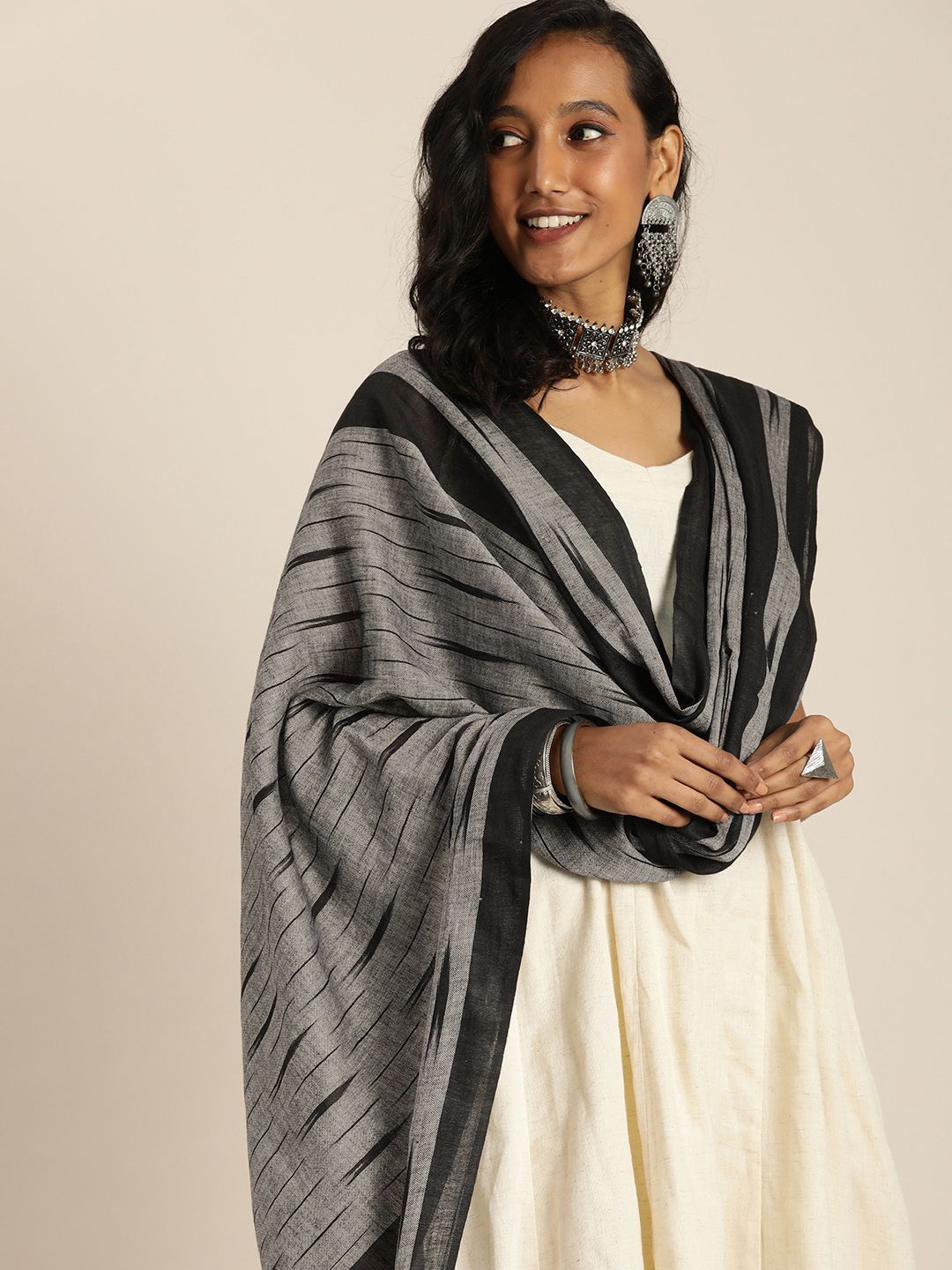 Taavi Grey & Black Ethnic Motifs Woven Design Pure Cotton Ikat Dupatta Price in India