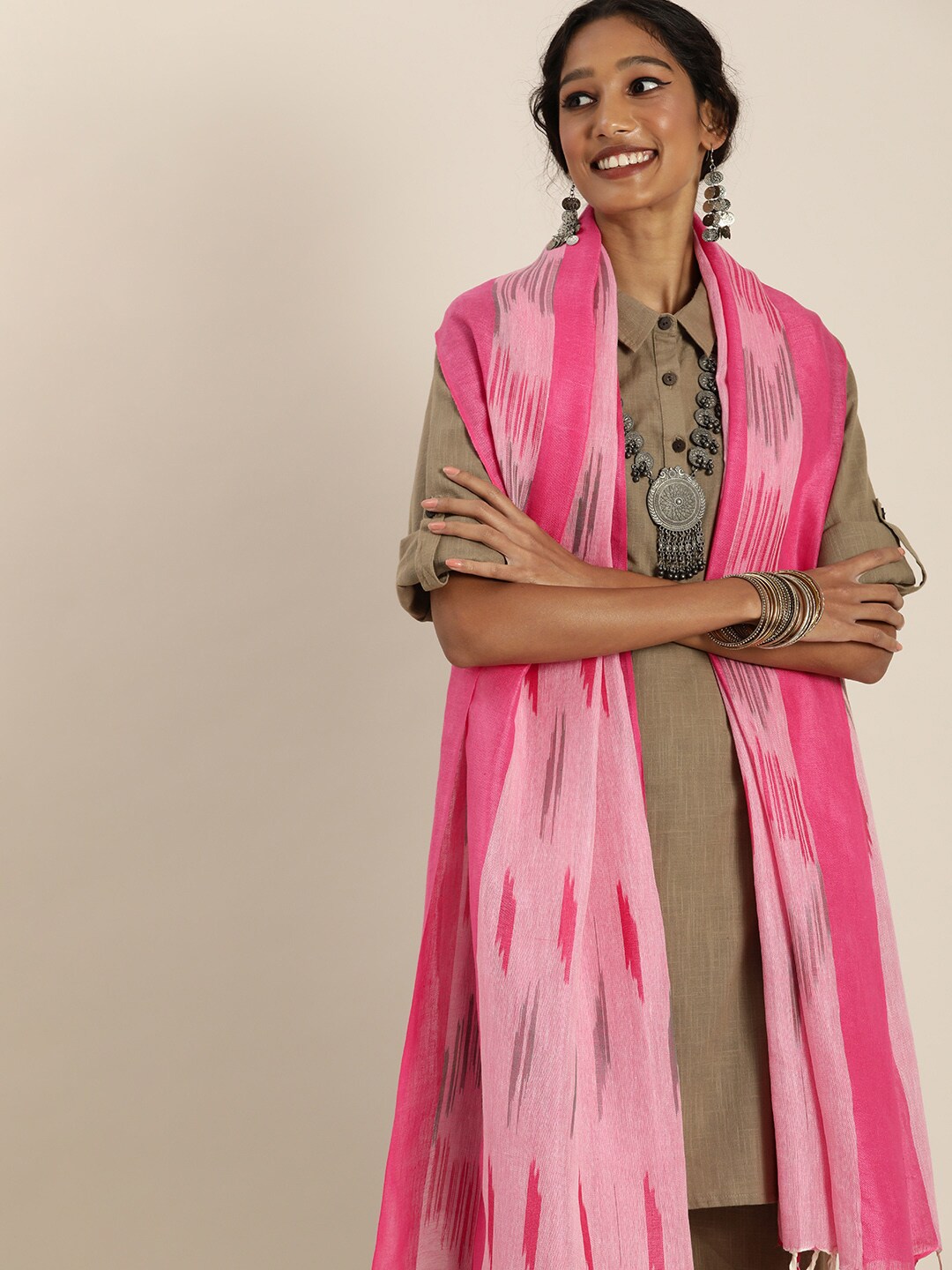 Taavi Pink & Grey Pure Cotton Woven Design Ikat Dupatta Price in India