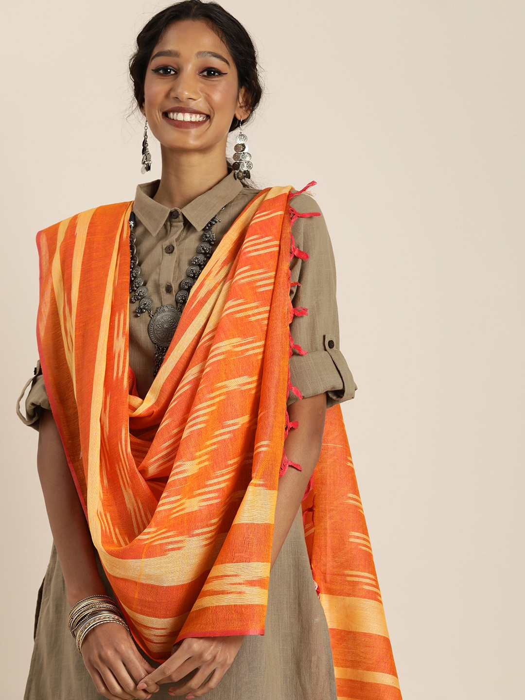 Taavi Orange & Yellow Pure Cotton Woven Design Ikat Dupatta Price in India