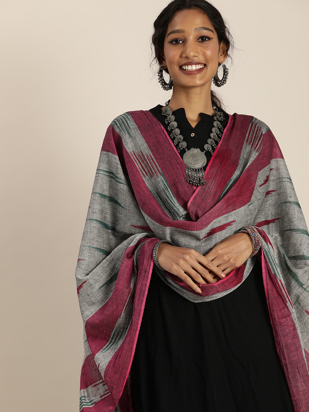 Taavi Grey & Maroon Ethnic Motifs Woven Design Pure Cotton Ikat Dupatta Price in India