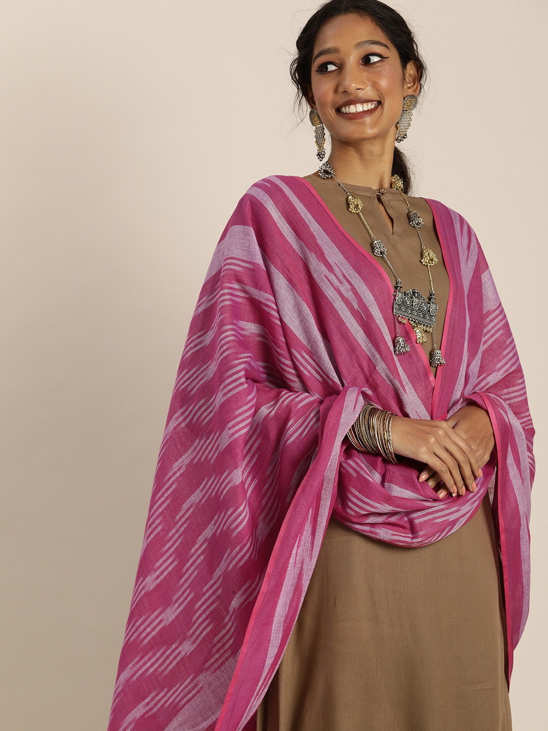 Taavi Pink & Lavender Pure Cotton Woven Design Ikat Dupatta Price in India