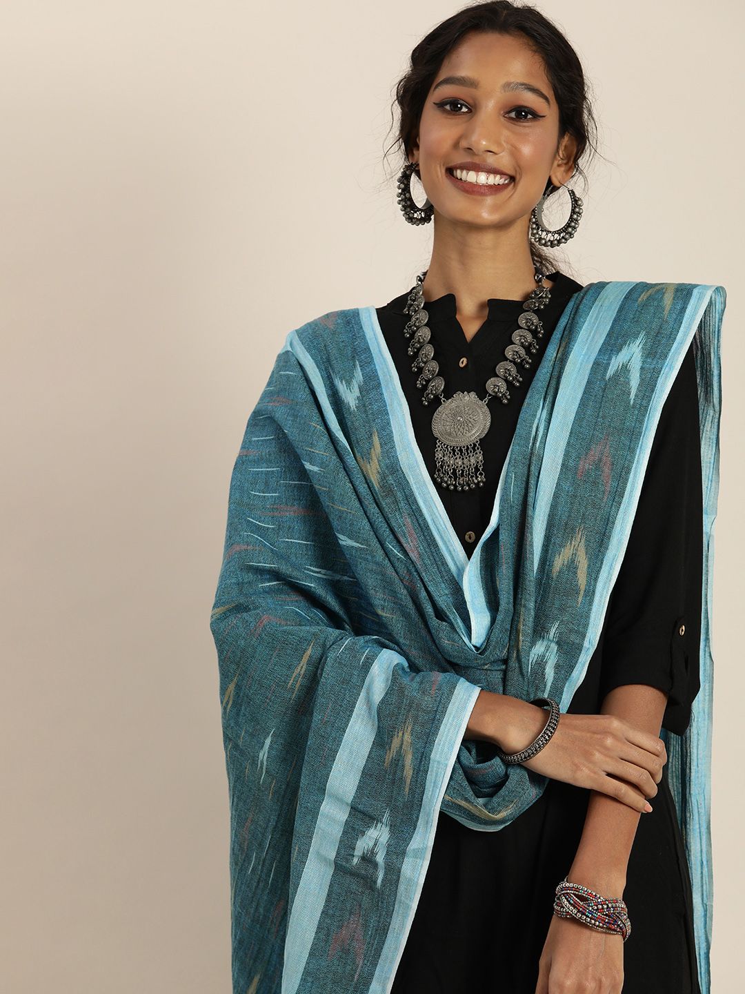 Taavi Blue Ethnic Motifs Woven Design Pure Cotton Ikat Dupatta Price in India